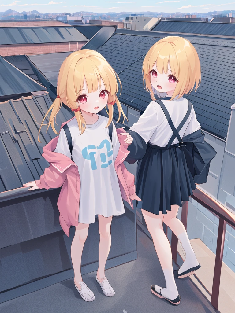 naughty girl, Two Girls,************, Wearing a uniform, Light pink mini skirt,  Wear a shirt, close, Anime movie, Twinkle smile, Pale pink eyes, Bob Hair,building,rooftop,Big Jump