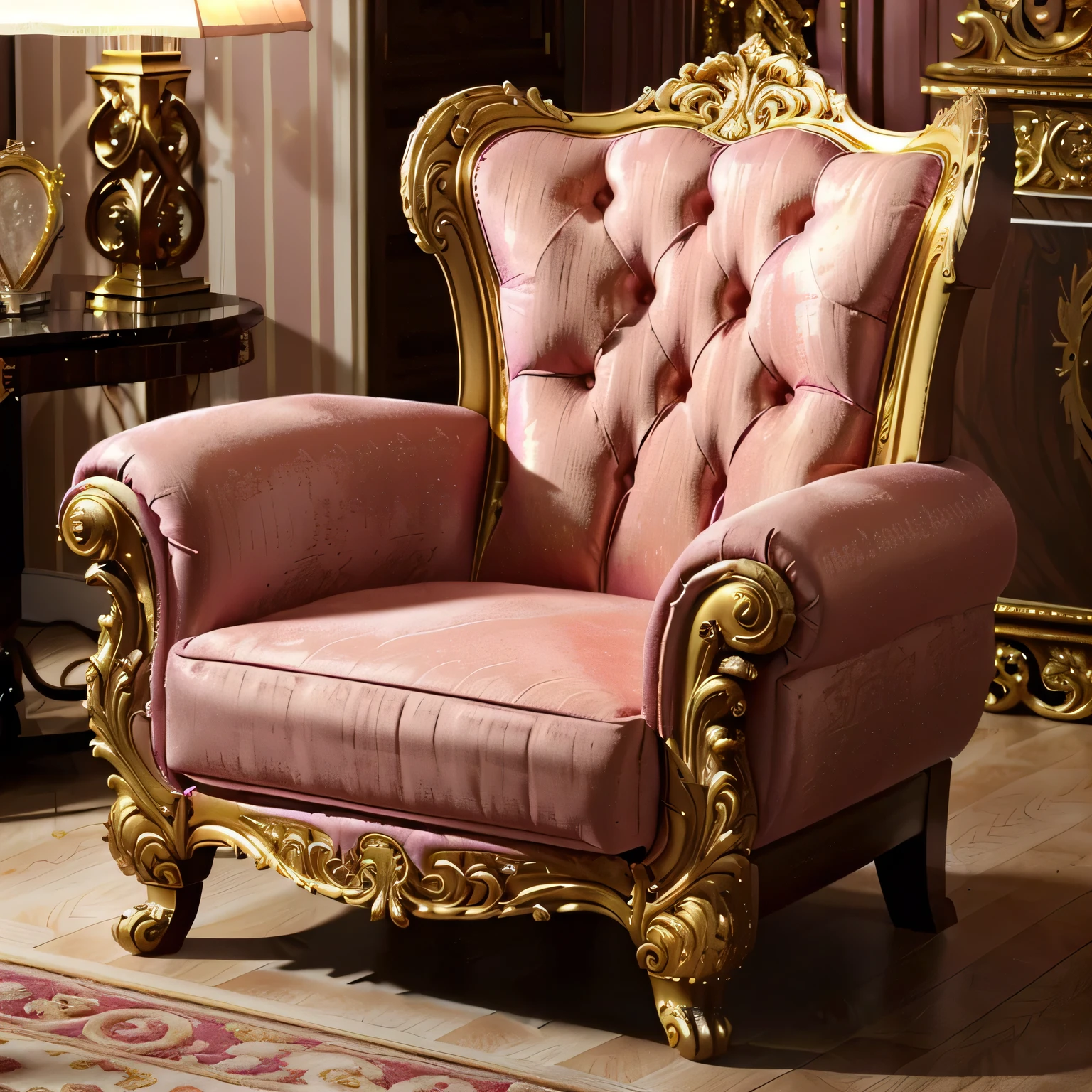 arafed couch with gold trim and pillows in a living room, luxury furniture, ornate with gold trimmings, elegant furniture, hyper ornate, lavish rococo baroque setting, ornate furniture, features intricate detail, maroon metallic accents, full subject shown in photo, purple and gold color scheme, h 576, sofa, ornate retreat, victorian era, victoriana
