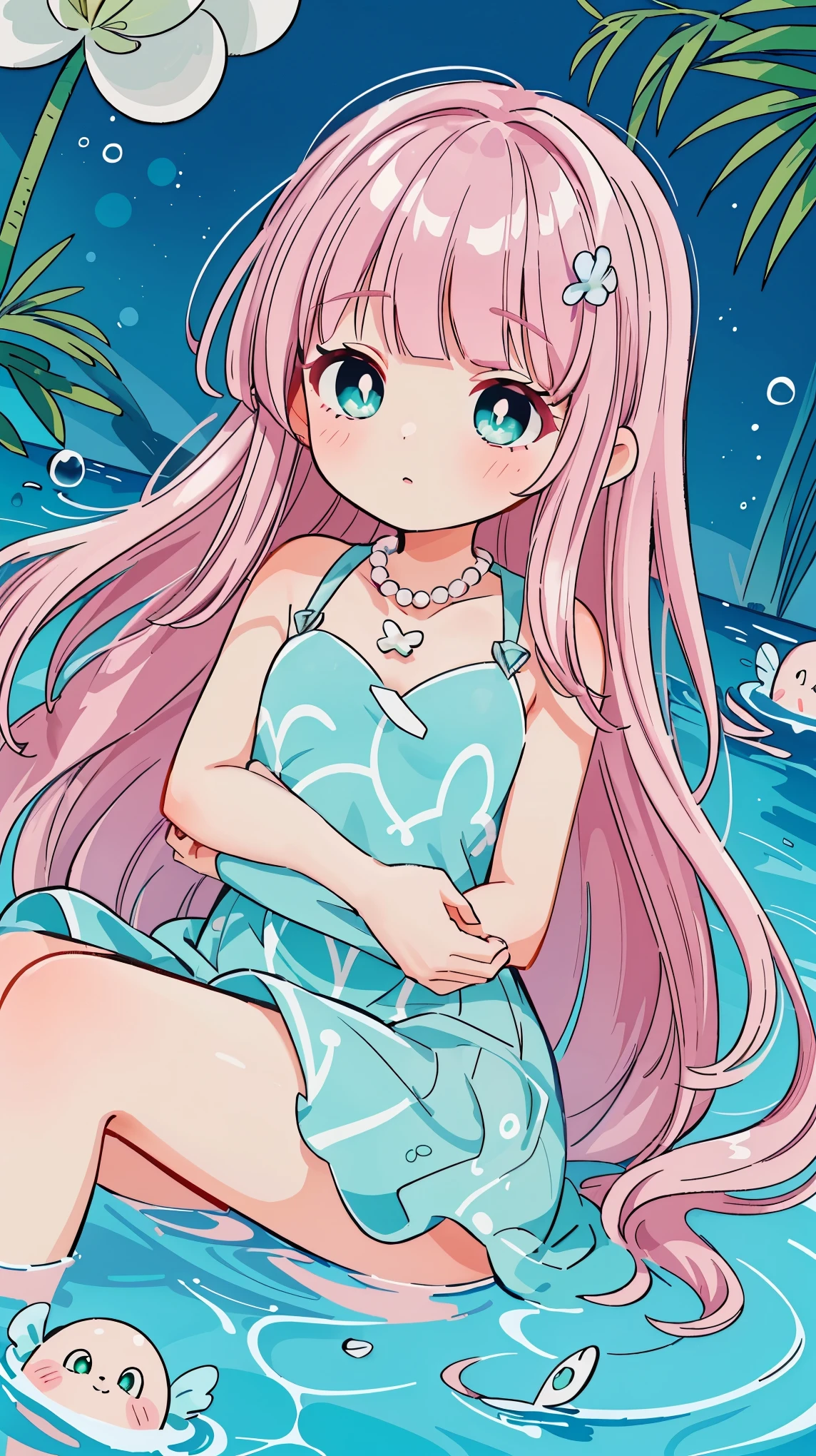 (((pearl pink hair,emerald pupils))),((beautiful and detailed)),(blushing), (geometric:1.1),(((under the water,in the ocean,bubbles,fish))), ((1girl,amazing,adorable girl,solo,arms down)),(Masterpiece,Best quality, offcial art,fractal art, Beautiful and aesthetic:1.2),(4k,HD,HRS),((small breasts)),(Physically-based rendering),Sharp focus, (((highdetailskin,The details are complex、Shallow depth of field、movie lighting、Reflectors、a Canon EOS R5、50mm lens、f / 2.8、shot at 8k resolution))),simple cloths,correct pupils,((((shiny hair|detailed hair|half bangs|long hair)))),(masterpiece sidelighting),(The sheen),(beautiful hair,beautiful background,bokeh:55mm)),((extremely_Detailed_Eyes_and_face)),Movie girl,(Dynamic posture: 1.2),Brilliant