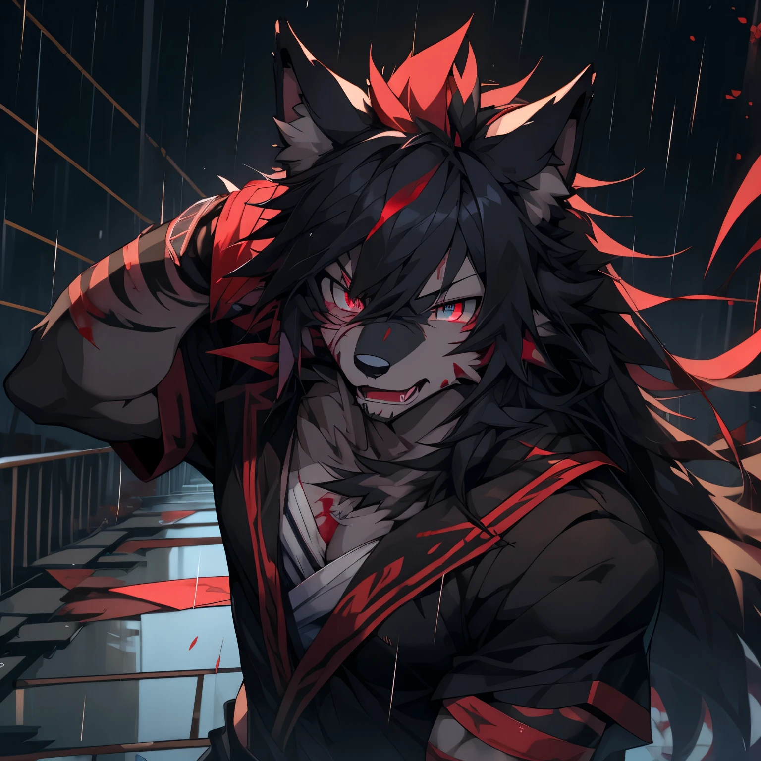 Yandere,Yandere,Yandere,Yandere,Yandere,Yandere,crazy,((best quality)), ((masterpiece)), (detailed),only male,male focus,bara,perfect face,solo,kemono,night,rainy,thunder,black fur,golden stripes,anthro black wolf,yandere,blood,Lingering,pupil dilation,a dull gaze,Yandere,The clothes were stained red with blood,The body stabbed by a knife was bleeding all over the ground..,The wound on my arm bled a lot,A knife in one hand,crazy,guro