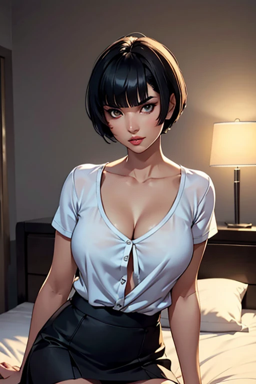 Eliza From Tekken, short black hair with bangs past her shoulders, short hair at the back of her head, sexy look, casual blouse with a low neckline, short skirt, sensual pose, in the bedroom with soft lighting in the room