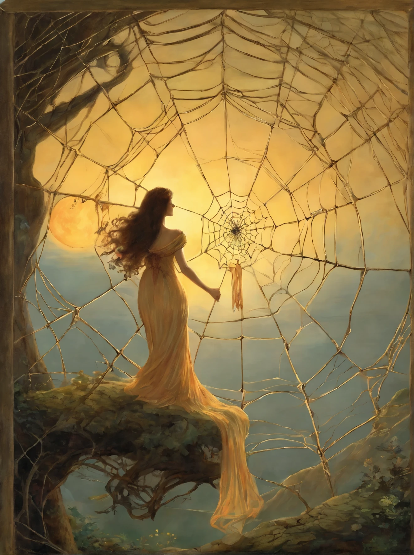 arafed image of a woman in a spider web with a full moon in the background, a detailed painting by Ida Rentoul Outhwaite, flickr, net art, darrell k sweet, with cobwebs, lace web, micheal whelan, dew, michael whelan and gustave done, painting by john howe, spider web, web of life, cobweb