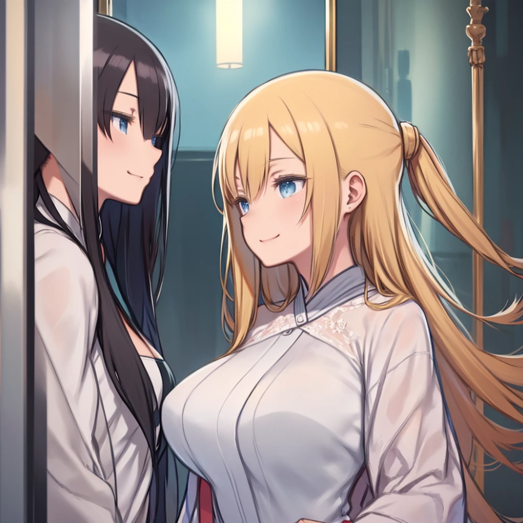 masterpiece、highest quality、High resolution、Very detailed、Medium wide shot、1 man 1 woman、(Young man with short black hair)、(A woman with long blonde hair and big breasts)、Face to face、Angle from the side、profile、Smiling、Gazing at each other、Are standing、Hands at your side、Bathrobes
