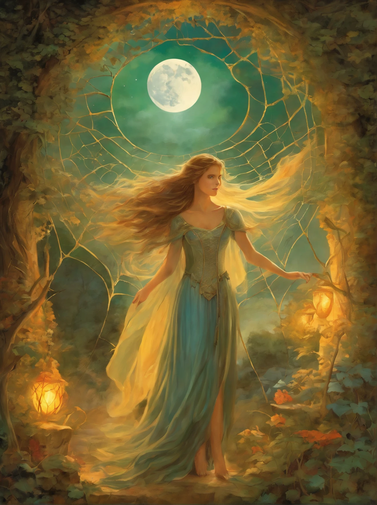 arafed image of a woman in a spider web with a full moon in the background, darrell k sweet, by Ida Rentoul Outhwaite, with cobwebs, by Kinuko Y. Craft, by Dorothy Hood, by Ruth Sanderson, by james christensen, by Jung Park, by Tim White, lace web, by Jean Hey, micheal whelan, dew