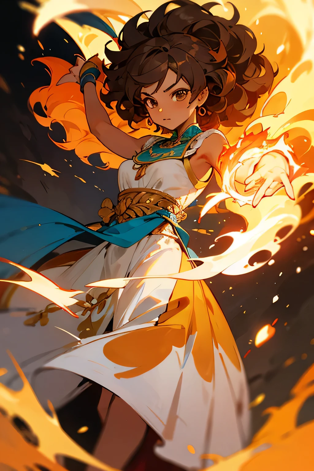Female, tanned skin, Brown eyes, curly hair, Fire, Fire Powers, dancing, mexican dress