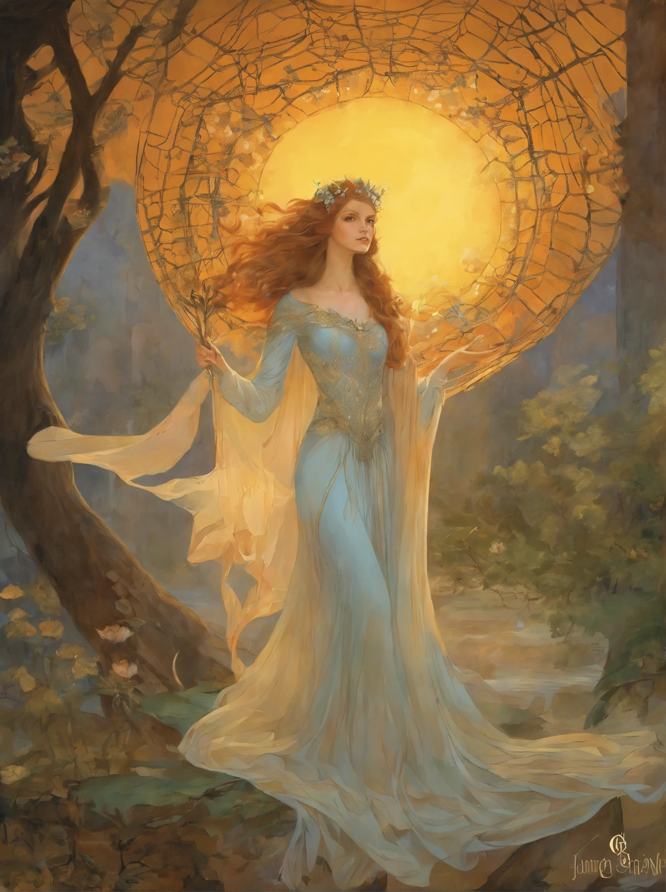 arafed image of a woman in a spider web with a full moon in the background, darrell k sweet, by Ida Rentoul Outhwaite, with cobwebs, by Kinuko Y. Craft, by Dorothy Hood, by Ruth Sanderson, by james christensen, by Jung Park, by Tim White, lace web, by Jean Hey, micheal whelan, dew