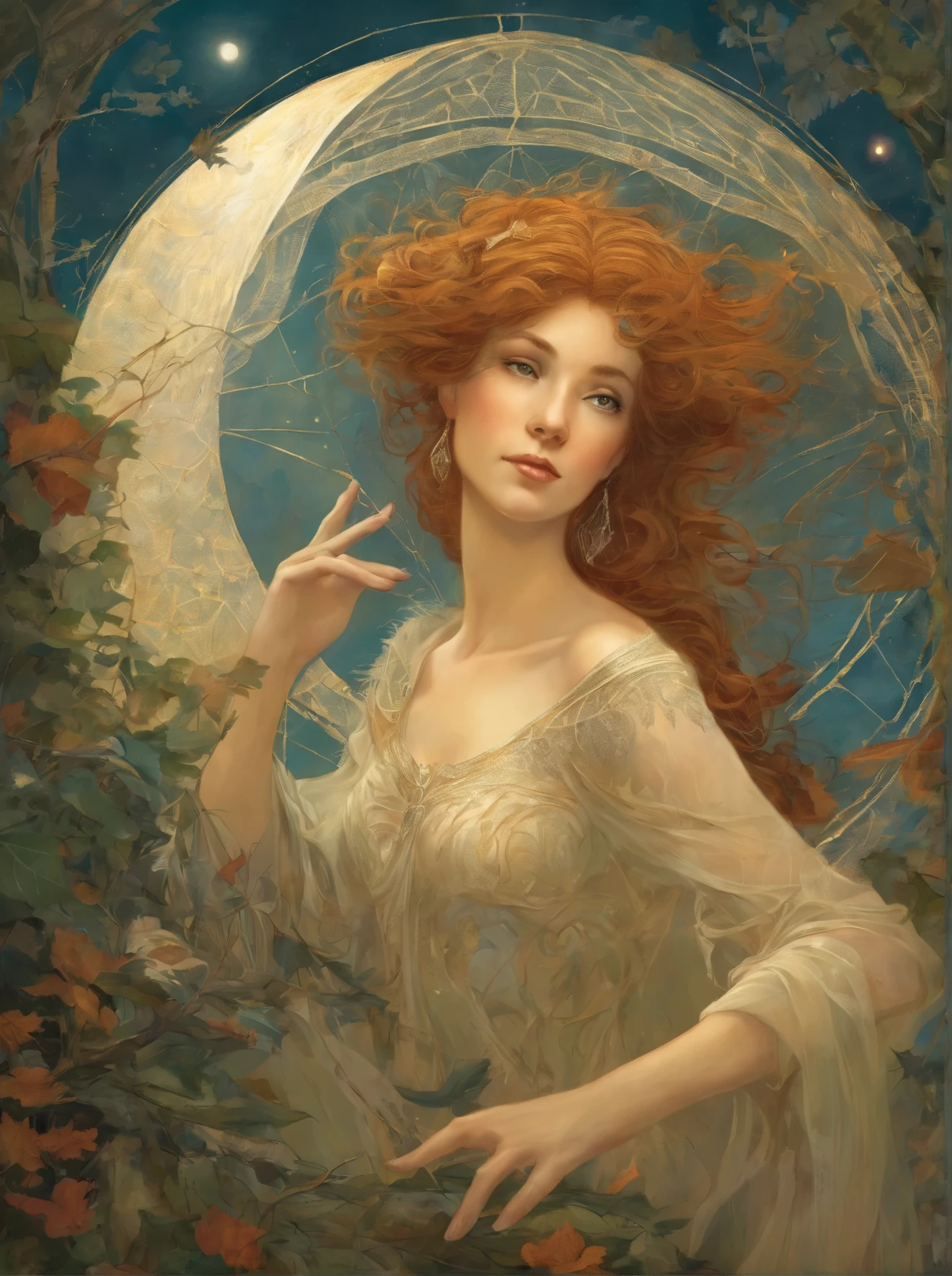 arafed image of a woman in a spider web with a full moon in the background, darrell k sweet, by Ida Rentoul Outhwaite, with cobwebs, by Kinuko Y. Craft, by Dorothy Hood, by Ruth Sanderson, by james christensen, by Jung Park, by Tim White, lace web, by Jean Hey, micheal whelan, dew
