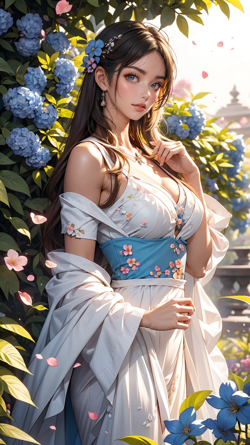 In the fragrant garden, Mature Caucasian woman standing with arms outstretched, Sexy nice body、While gently touching the petals of the flowers I met, A connection with nature and lovely blue flowers.