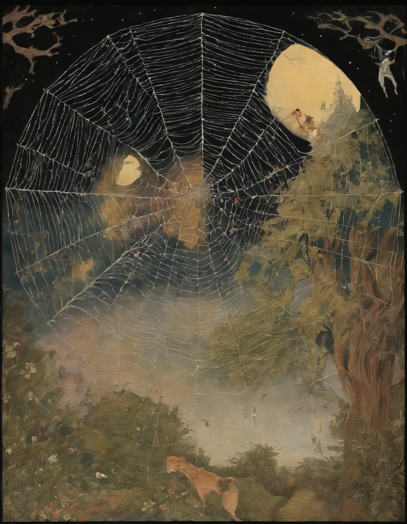 arafed image of a woman in a spider web with a full moon in the background, darrell k sweet, by Ida Rentoul Outhwaite, with cobwebs, by Kinuko Y. Craft, by Dorothy Hood, by Ruth Sanderson, by james christensen, by Jung Park, by Tim White, lace web, by Jean Hey, micheal whelan, dew