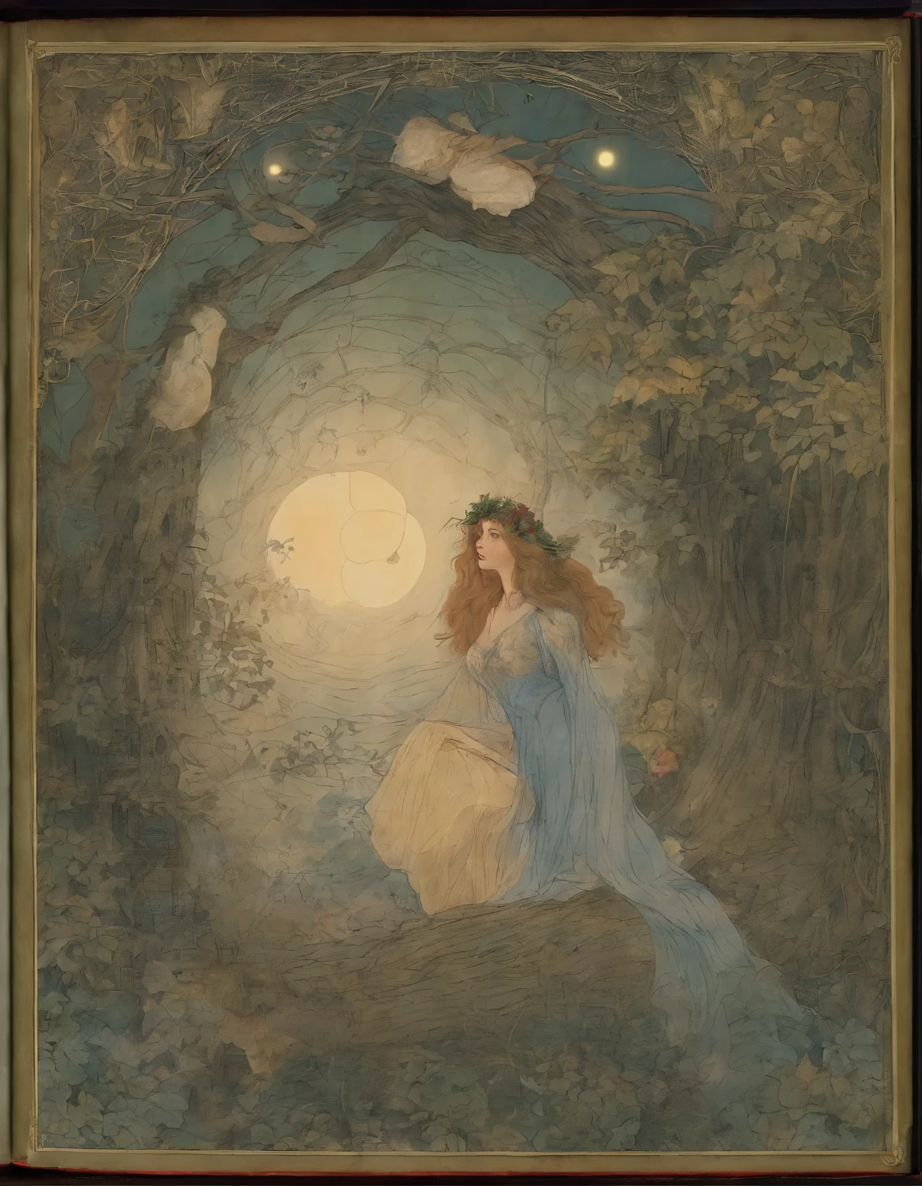 arafed image of a woman in a spider web with a full moon in the background, darrell k sweet, by Ida Rentoul Outhwaite, with cobwebs, by Kinuko Y. Craft, by Dorothy Hood, by Ruth Sanderson, by james christensen, by Jung Park, by Tim White, lace web, by Jean Hey, micheal whelan, dew