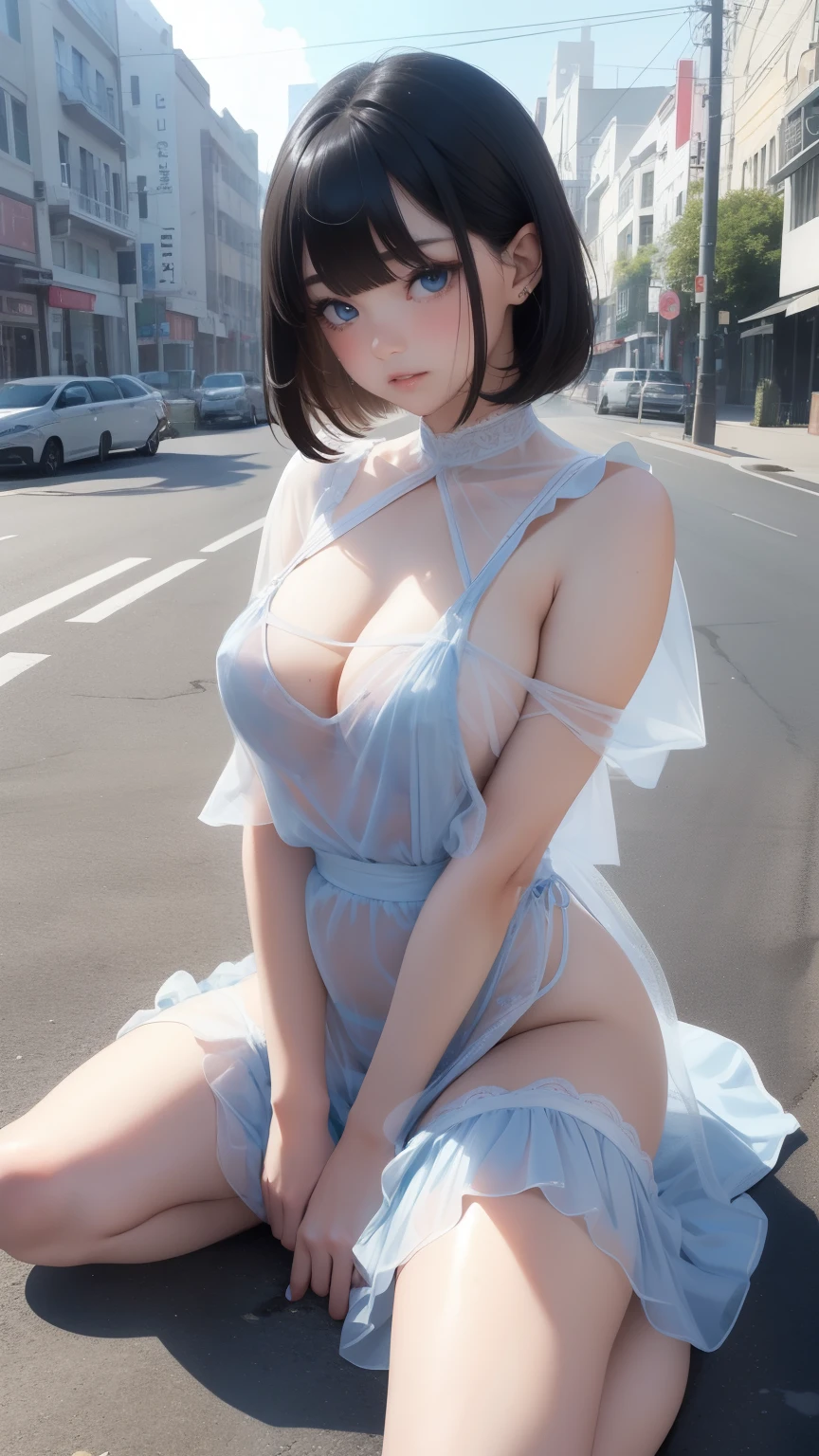 8k、 best quality,、high quality,masterpiece,detailed, high resolution,、,1girl、sister、woman、disheveled、Beautiful and fair skin, glowing skin, 3-up, lovely, bright, fresh and gentle expression, perfect beautiful face, looking away, blunt bangs, bob cut, beautiful shiny bangs, very , eyeliner, very perfect Beautiful, with big, clear, sky blue eyes, 、(crying lying on the street on  stomach), , crying, embarrassed, hindquarters, a cutout on the back, ,skirt lift、 holding her buttocks with her hands, hand on own ass、exposing her bare buttocks. ......transparent (see-through white apron: 1.4