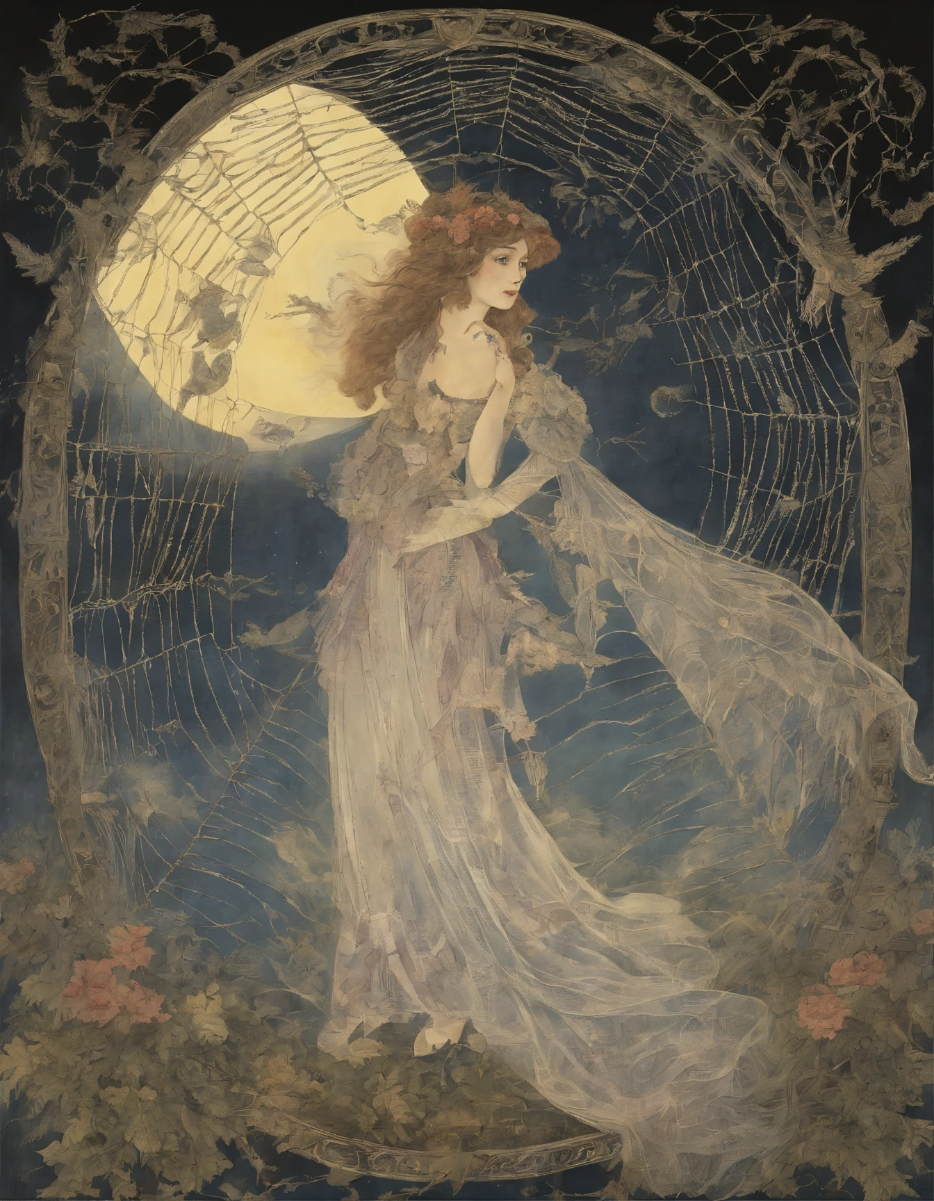 arafed image of a woman in a spider web with a full moon in the background, darrell k sweet, by Ida Rentoul Outhwaite, with cobwebs, by Kinuko Y. Craft, by Dorothy Hood, by Ruth Sanderson, by james christensen, by Jung Park, by Tim White, lace web, by Jean Hey, micheal whelan, dew