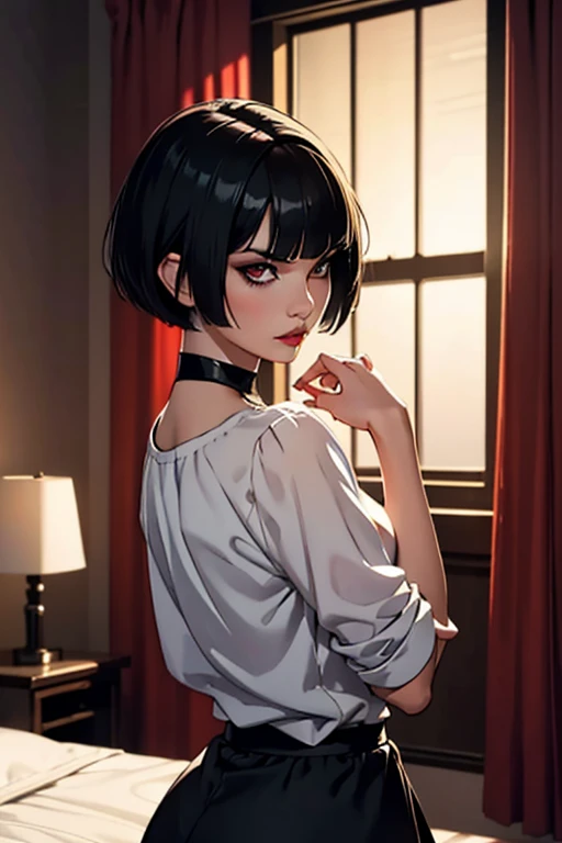 Eliza From Tekken, short black hair with bangs past her shoulders, short hair at the back of her head, sexy look, casual blouse with a low neckline, short skirt, sensual pose, in the bedroom with soft lighting in the room