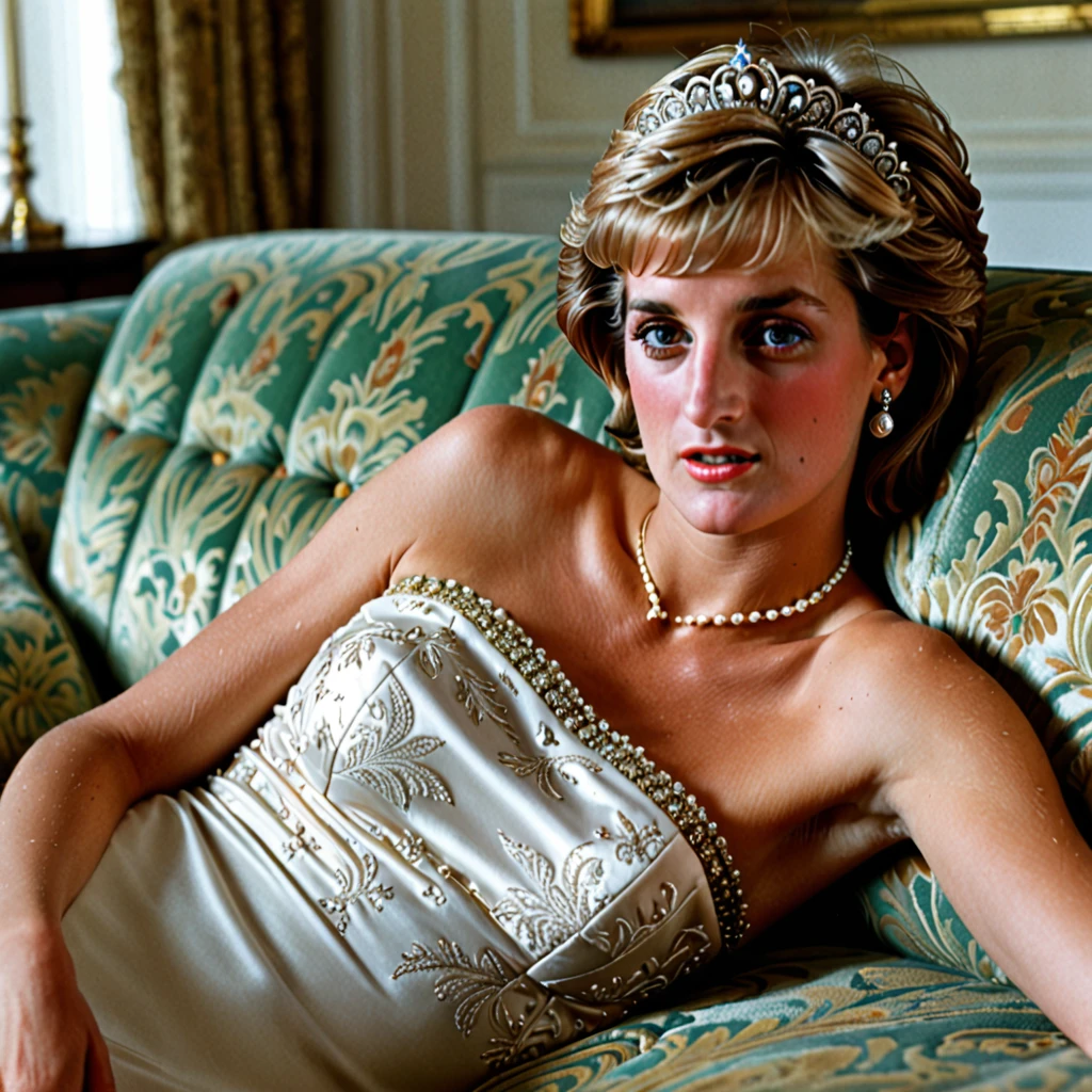 A topless princess Diana, flat chest, lying on the sofa, looks very enjoyable, horror style, looks depressing, high quality, ultra-detailed, crazy details, 4K