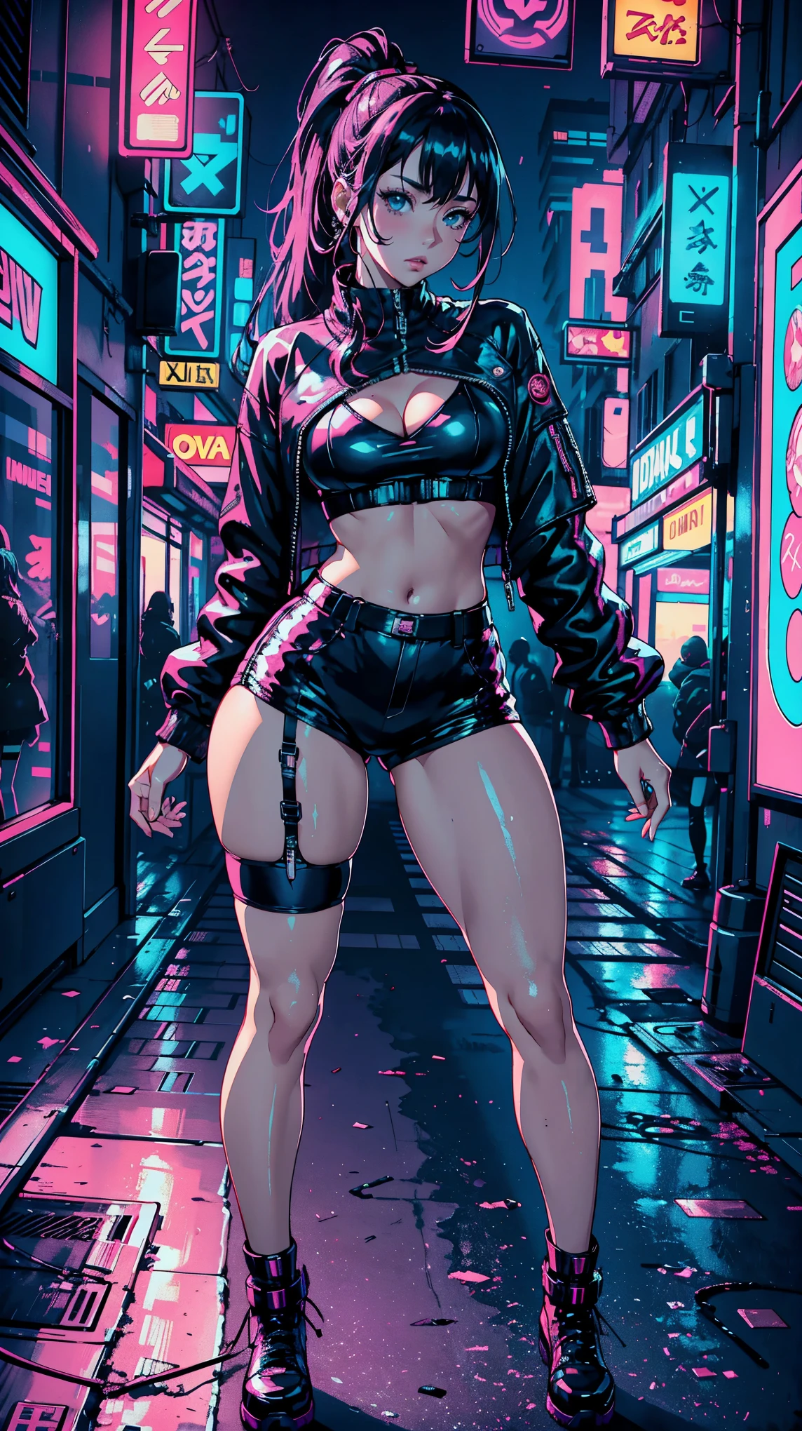 (Hinata Hyuga, Very sensual, In tight clothes, Big , Thick legs, Backwards、leather jacket, Laser Shorts,lingerie, Navel comes out, Long Hair, Rear speakers, Very realistic, View of the Cyberpunk City, Clearly defined lines, Neon Lights Very , 8k, 8k Very detailed), (Very delicate and beautiful), (masterpiece), (Better Quality: 1.0), (Ultra-high resolution:1.0), ((Synthwave Background Theme)),