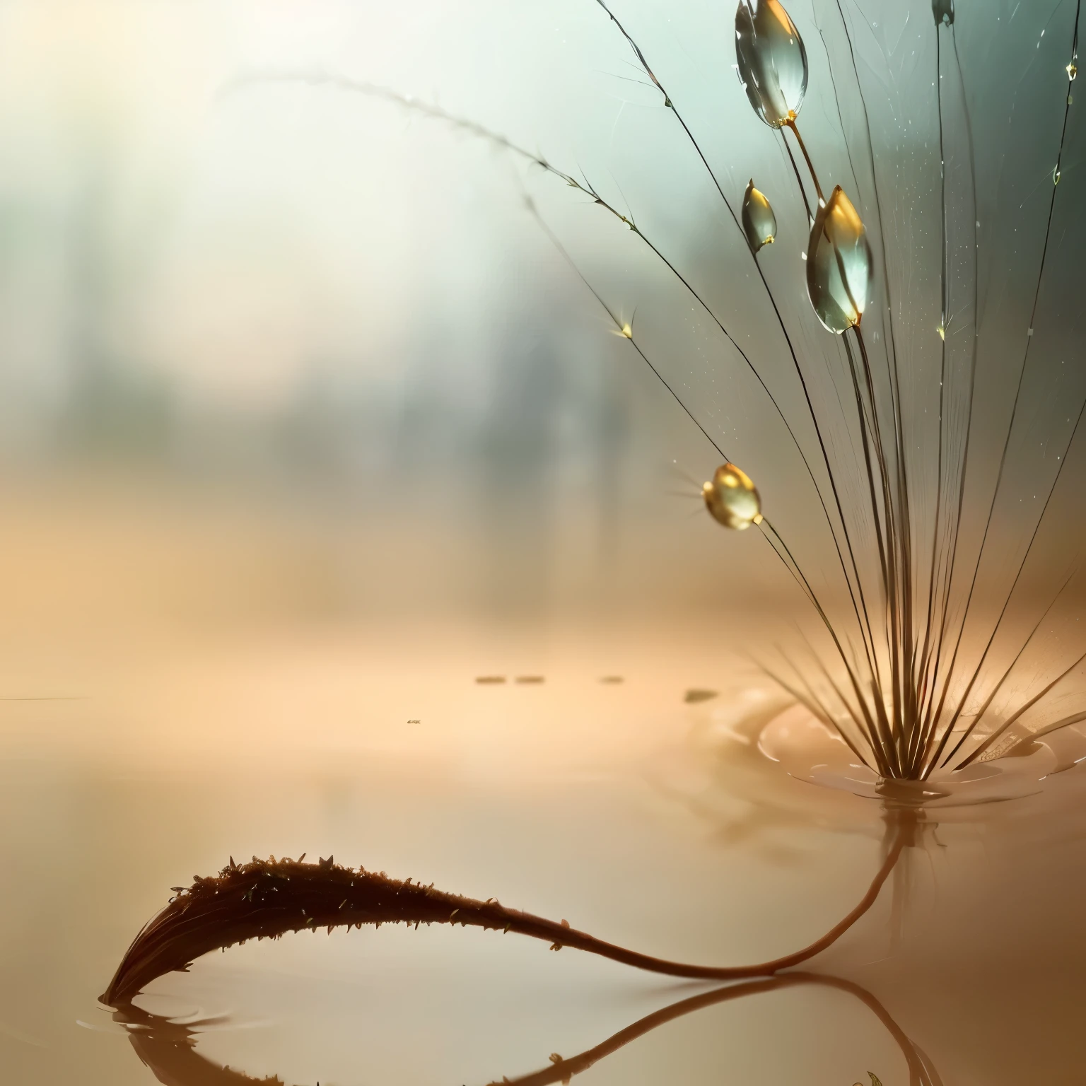 there is a plant with water gotas on it and a long stem, gotas, gotas, dewgotas, Dandelion seeds float, dew gotas, focus on gotas, Beautiful reflections, detailed gotas, Imagem bonita, chuva delicada, tear gotas, por Han Gan, amazing photo, beautiful composition, linda artework, linda arte