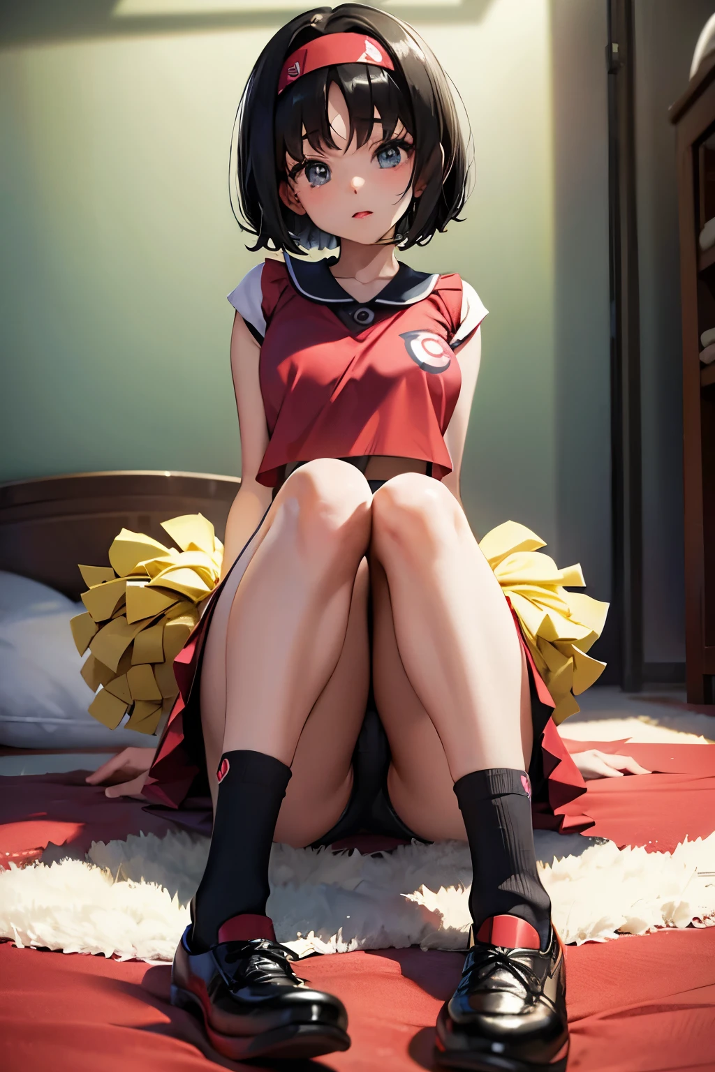 Erica、Pokémon、Black Hair、Short Hair、((loose socks))、Photo from below、Medium chest、Bedroom、One girl、Red ribbon on head、((Cheerleader))、(mini skirt)、(Poop sitting)