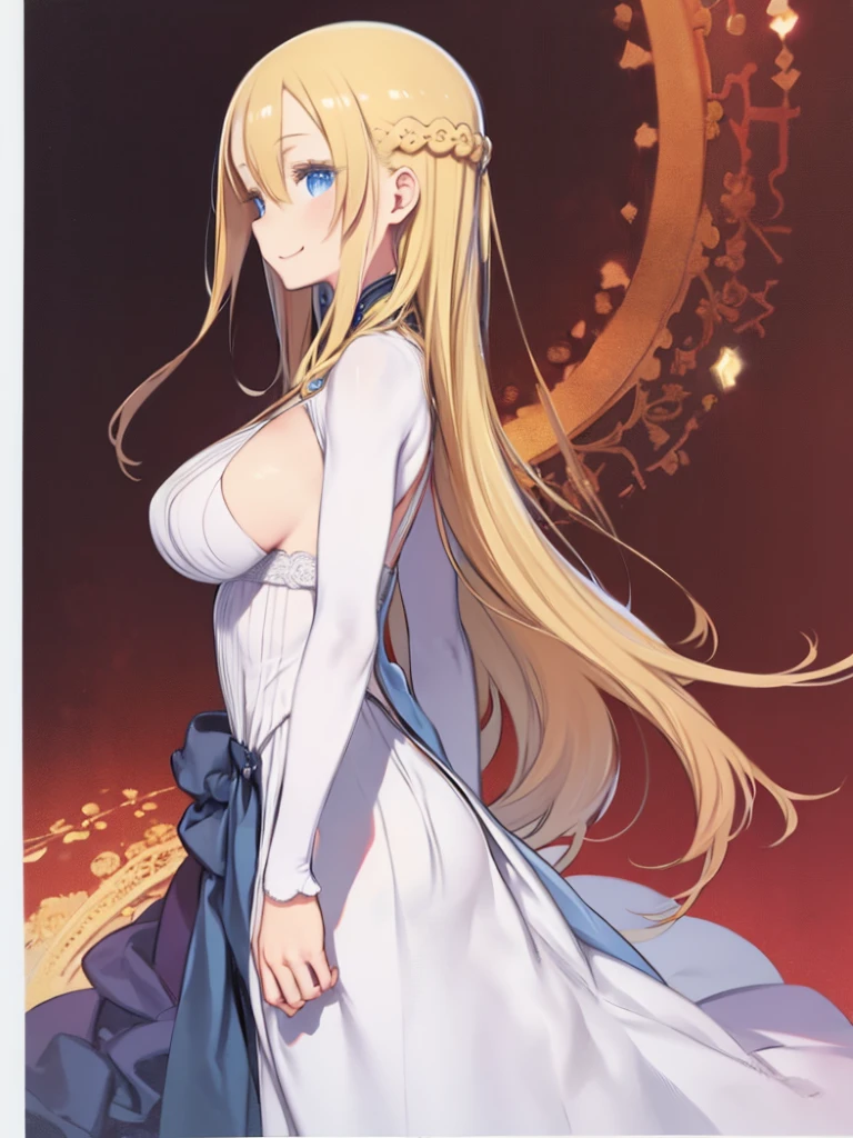 masterpiece、highest quality、High resolution、Very detailed、Medium wide shot、(A woman with long blonde hair and big breasts)、Angle from the side、profile、Smiling、Are standing、Hands at your side、Simple Background、