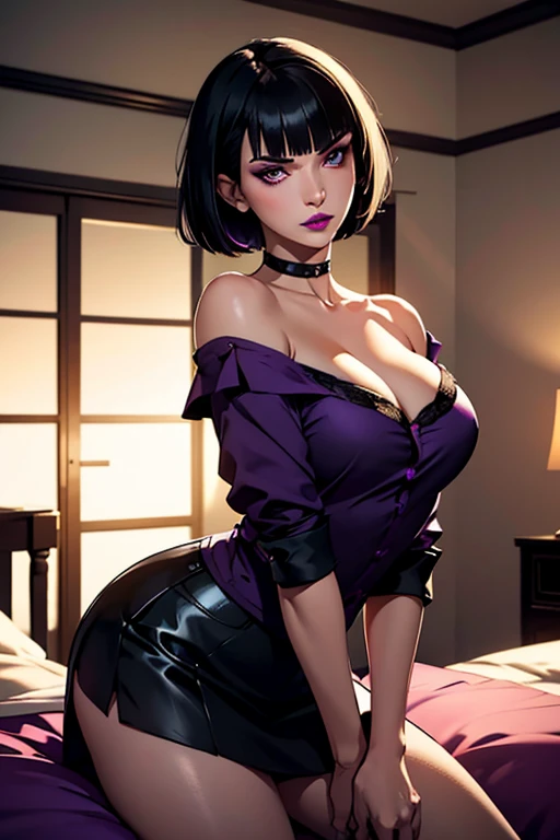 Eliza From Tekken, short black hair with bangs past her shoulders, short hair at the back of her head, sexy look, soft gothic makeup on her eyes, purple lipstick, casual blouse with a low neckline, short skirt, sensual pose, in the bedroom with soft lighting in the room