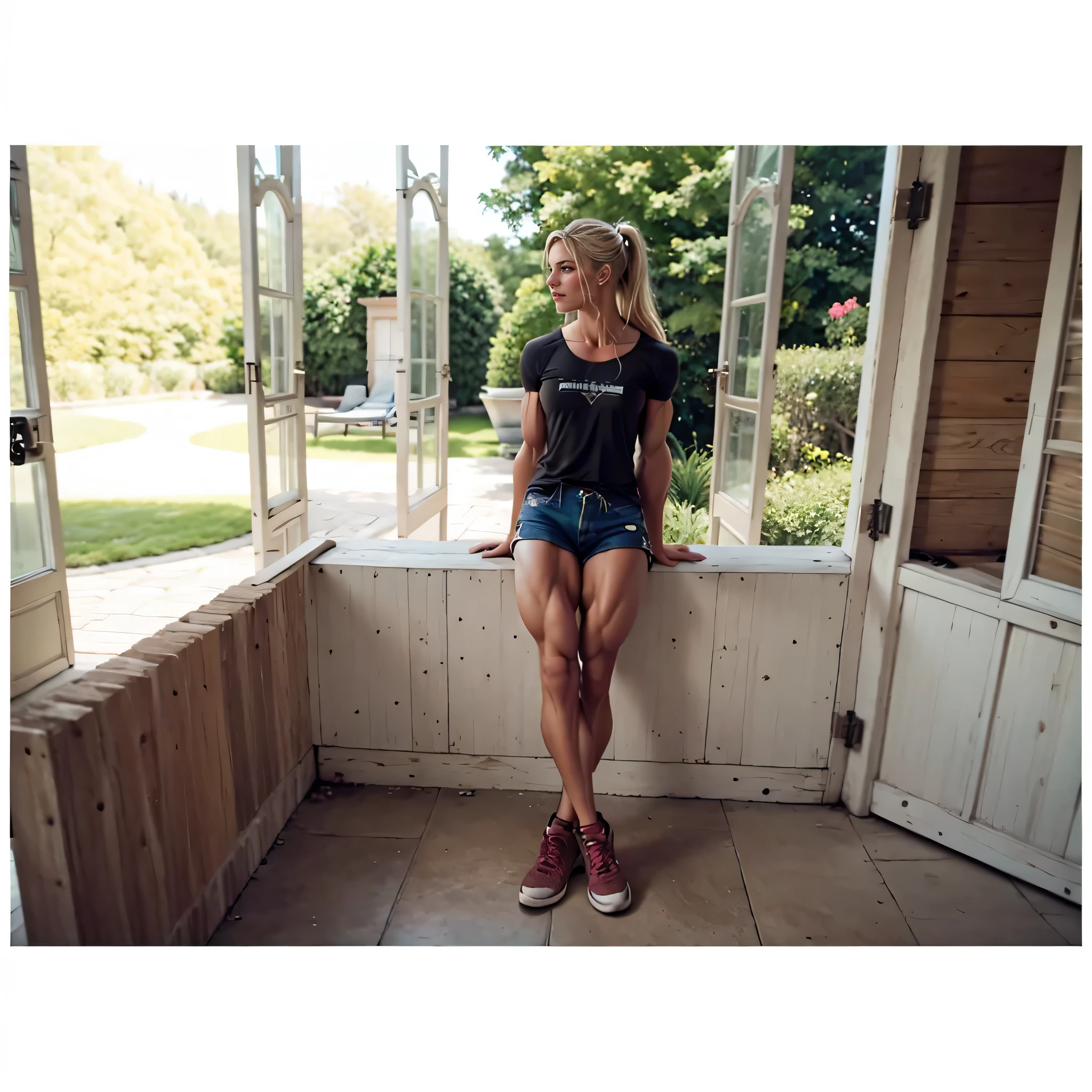sixpack, ripped, muscle girl, tan, biceps, veins, sexy, teen, beautiful, shorts, muscular legs, blonde long hair