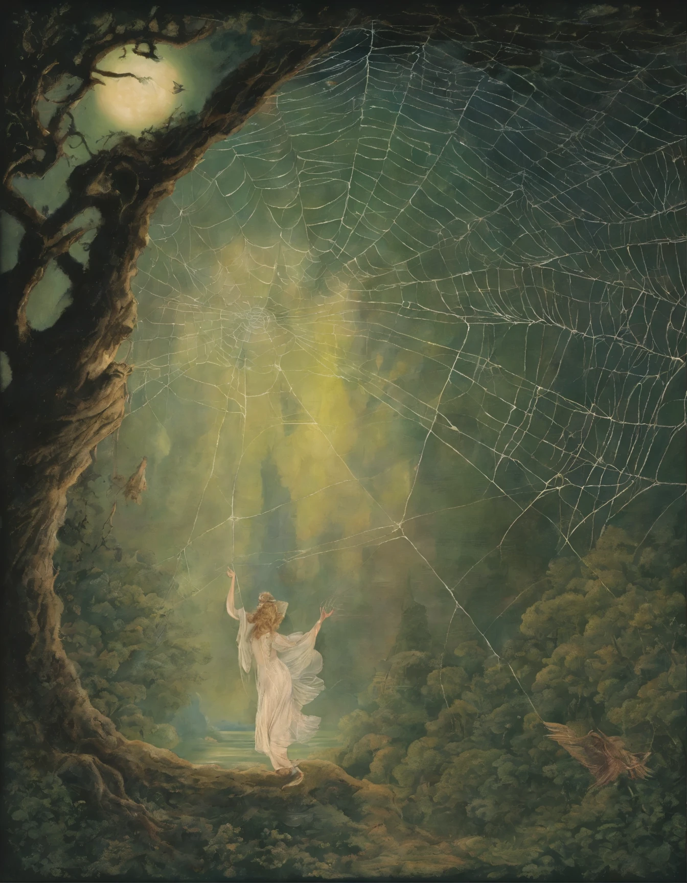 arafed image of a woman in a spider web with a full moon in the background, a detailed painting by Ida Rentoul Outhwaite, flickr, net art, darrell k sweet, with cobwebs, lace web, micheal whelan, dew, michael whelan and gustave done, painting by john howe, spider web, web of life, cobweb