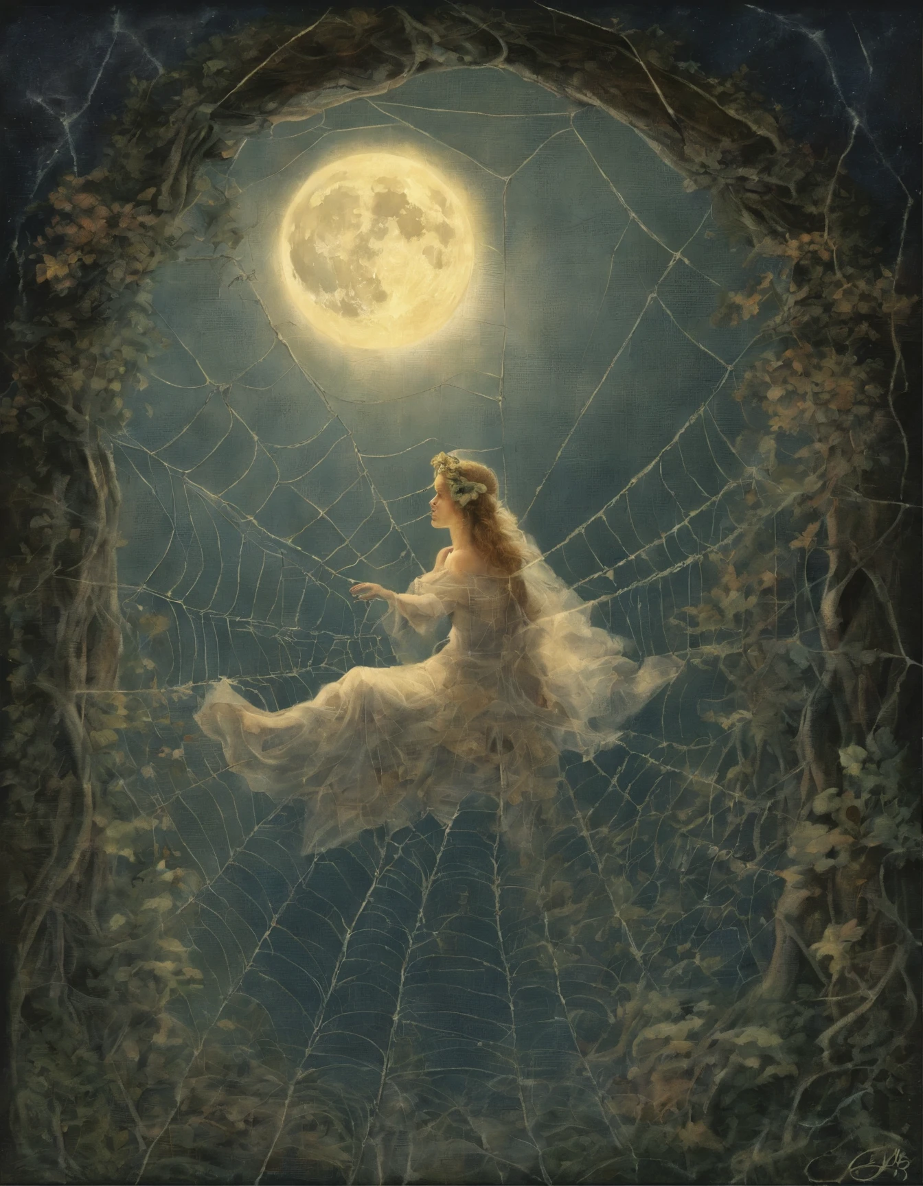 arafed image of a woman in a spider web with a full moon in the background, a detailed painting by Ida Rentoul Outhwaite, flickr, net art, darrell k sweet, with cobwebs, lace web, micheal whelan, dew, michael whelan and gustave done, painting by john howe, spider web, web of life, cobweb