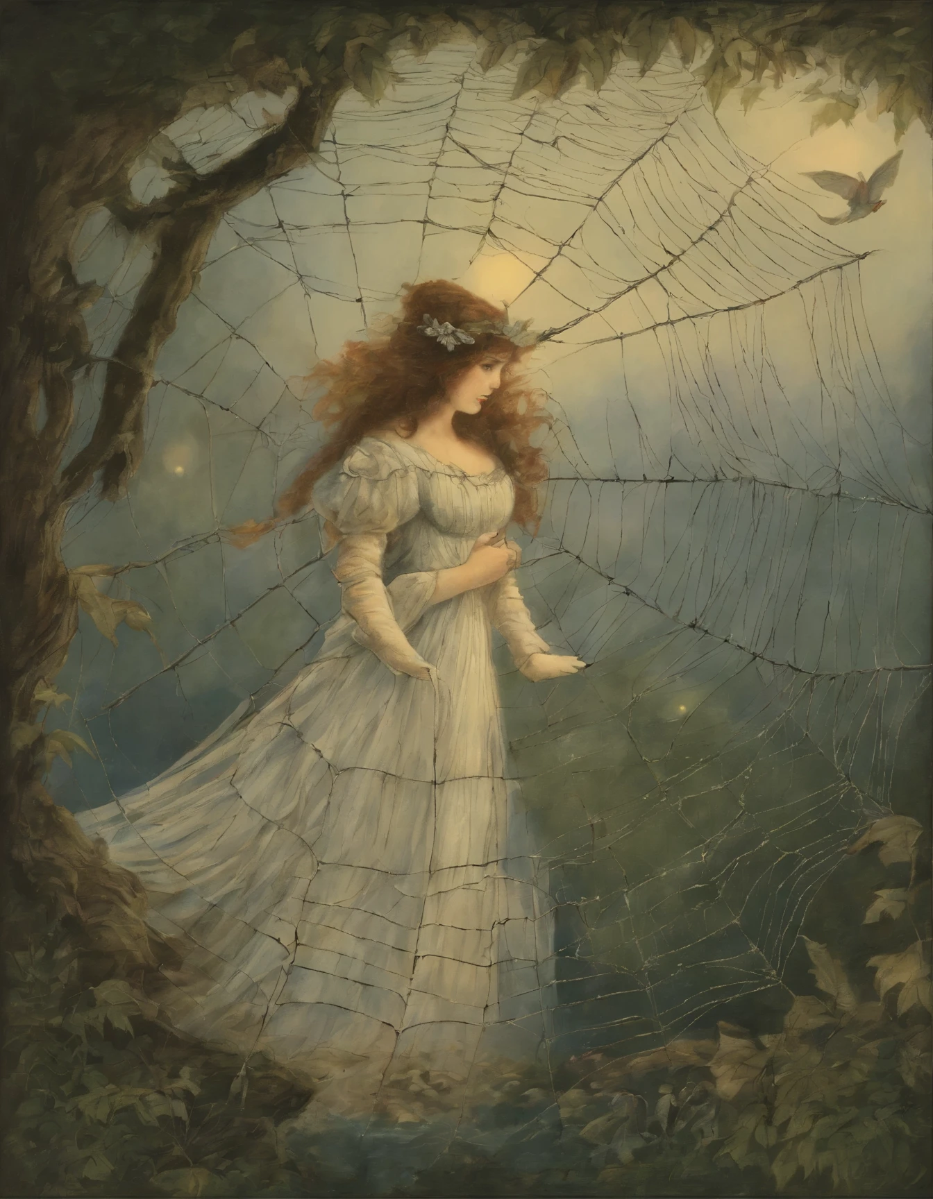 arafed image of a woman in a spider web with a full moon in the background, a detailed painting by Ida Rentoul Outhwaite, flickr, net art, darrell k sweet, with cobwebs, lace web, micheal whelan, dew, michael whelan and gustave done, painting by john howe, spider web, web of life, cobweb