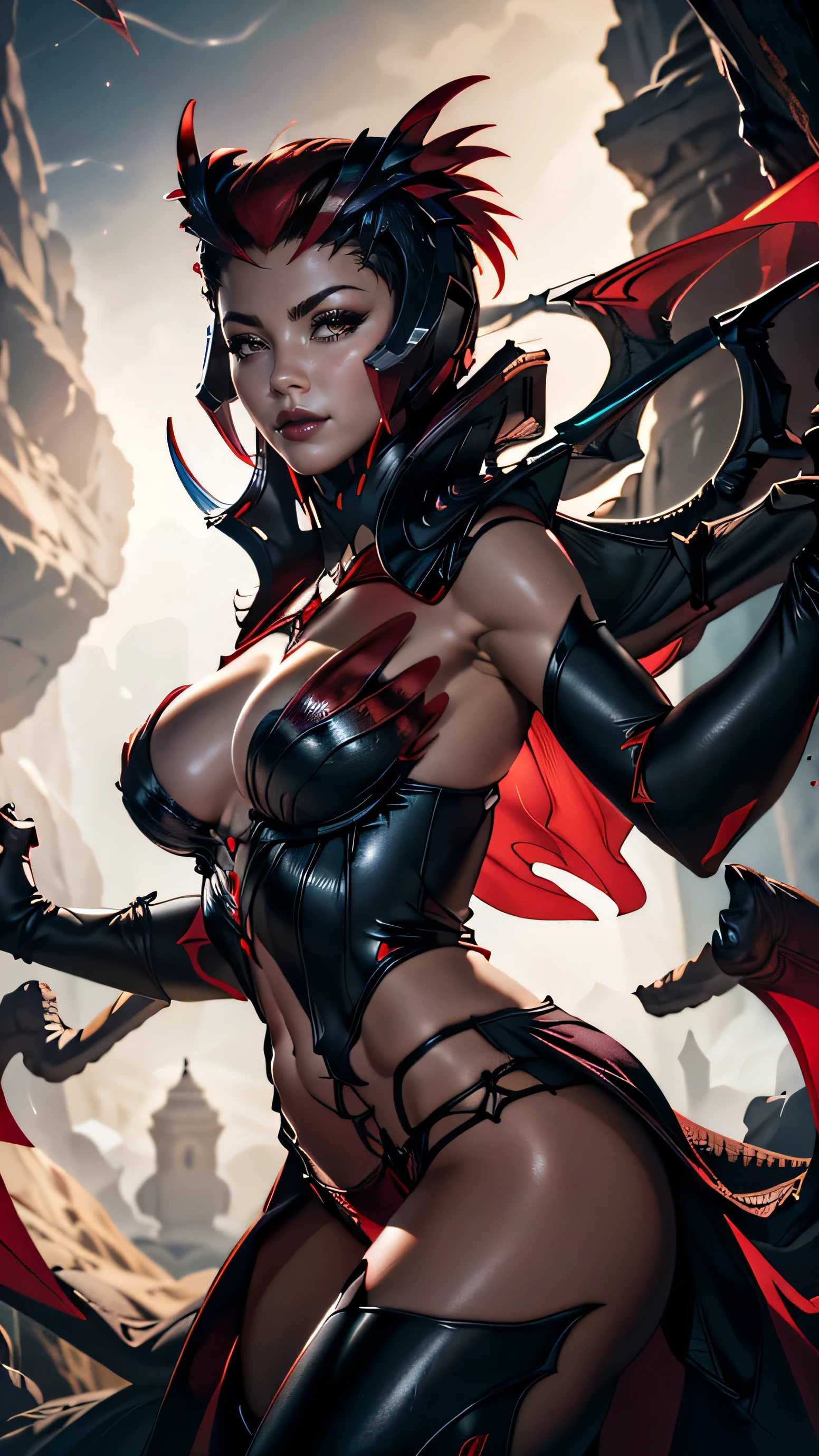 realism, VFX, Volumetric Lighting, Volumetric Light, Volumetric, Natural Lighting, high details, detailed and intricate, intricate details, high intricate details, absurd amount of details, absurdres, high resolution, Medium Shot, Single Shot, Shallow Focus, Low Angle Shot, elise 1girl, solo,busty, breasts, (large breasts),curvy, ((see through red panties)), red eyes, cleavage, red hair, monster girl, arthropod girl, silk, spider web, spider girl (masterpiece:1.2), (best quality), (ultra detailed), (8k, 4k, intricate) (85mm),(highly detailed:1.2),(detailed background),detailed landscape, (dynamic angle:1.2), (dynamic pose:1.2),