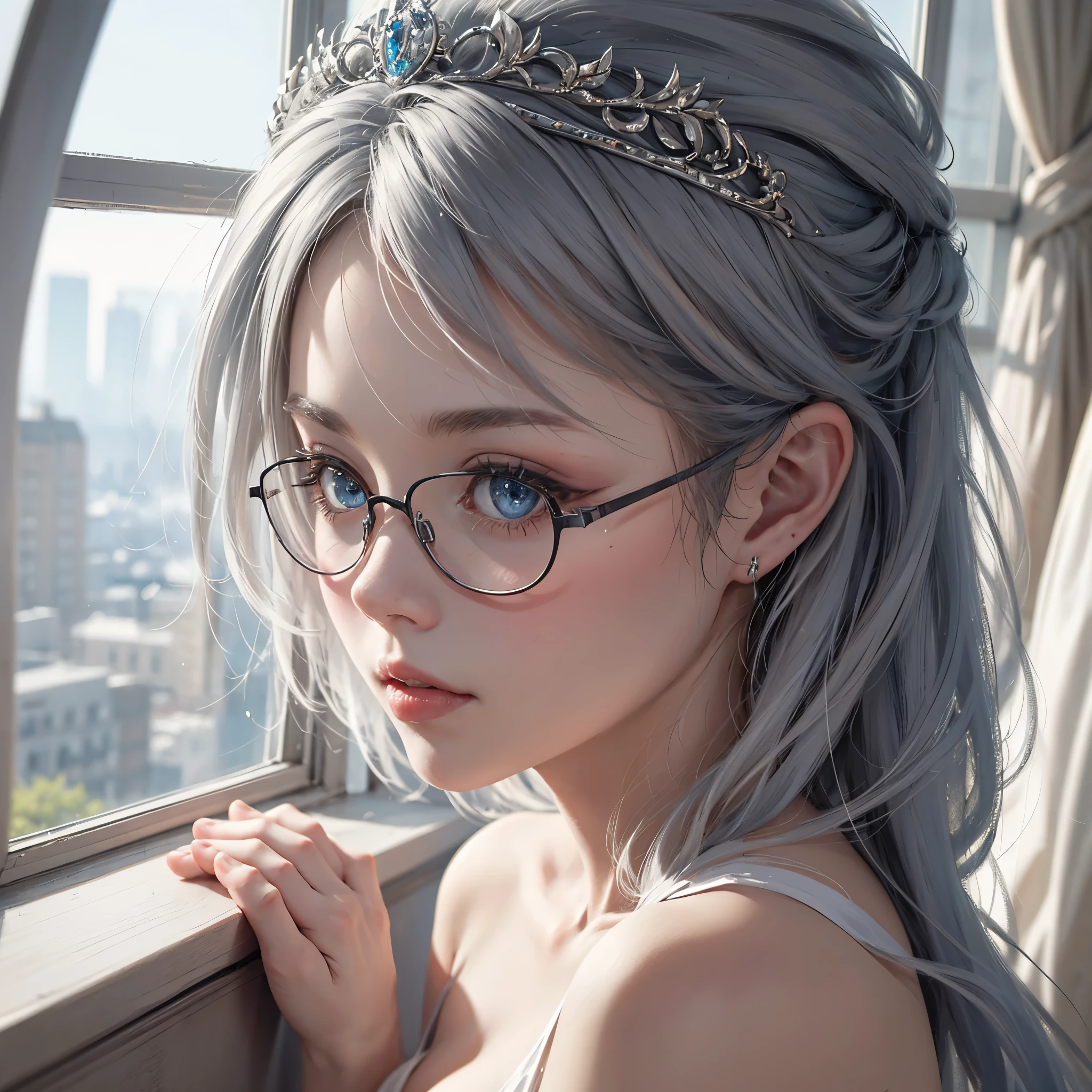((best quality)), ((masterpiece)), (detailed), perfect face, a white-toned girl with silver hair and blue eyes wearing glasses with big breasts wearing a royal dress and a tiara on her head looking outside the window showing her cleavage, close-up side shot, ultra-detailed, 4k