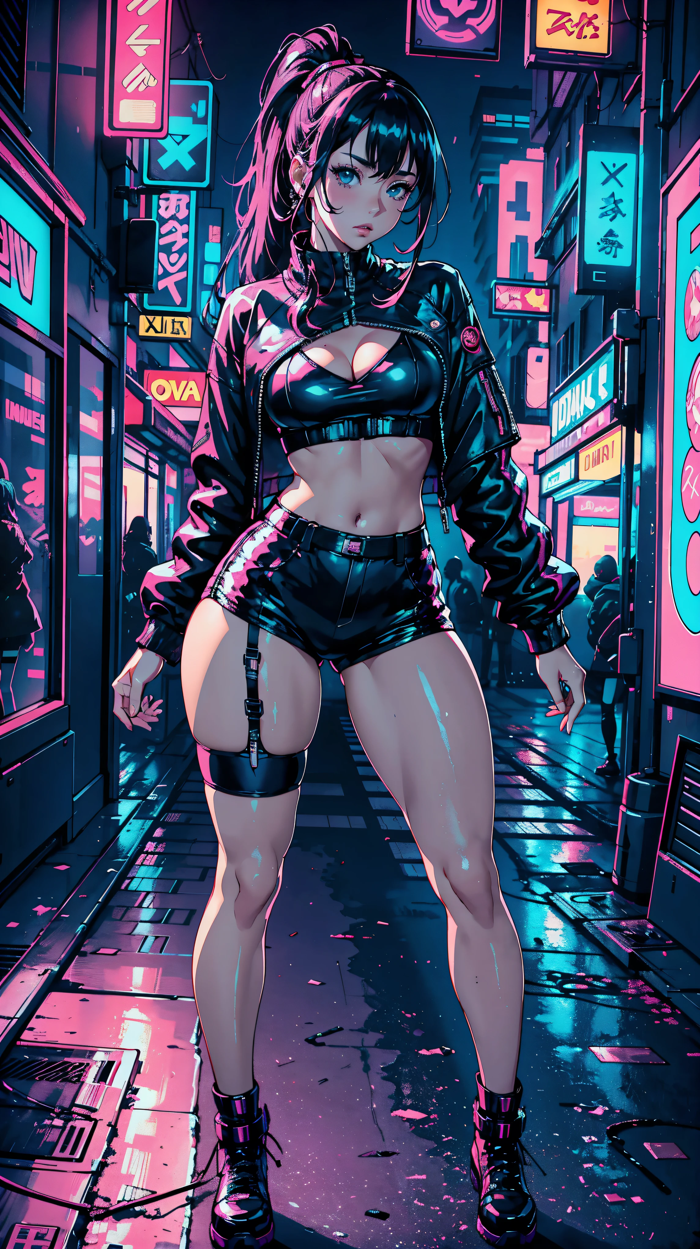 (Hinata Hyuga, Very sensual, In tight clothes, Big Ass, Thick legs, Backwards、leather jacket, Laser Shorts,lingerie, Navel comes out, Long Hair, Rear speakers, Very realistic, View of the Cyberpunk City, Clearly defined lines, Neon Lights Very Sexy, 8k, 8k Very detailed), (Very delicate and beautiful), (masterpiece), (Better Quality: 1.0), (Ultra-high resolution:1.0), ((Synthwave Background Theme)),