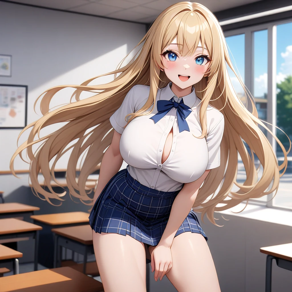 One girl, Beautiful smile, Open your mouth, Abstract, School, masterpiece, highest quality, so beautiful, Absurd, up to date, Complex details, AI-generated, Complex,High resolution, highest quality, super high quality,3D Images、View the viewers、3D Images,one person,anime girl with long blonde hair and blue eyes posing for a picture, a hyperRealistic , hyperRealistic , Realistic , blonde anime girl with long hair, Smooth anime CG art, Beautiful anime school girl,White blouse,Blue Check Skirt,Blue Chest Ribbon, (Large Breasts:1.5), Mature Body,Fine details,Abdominal muscles
