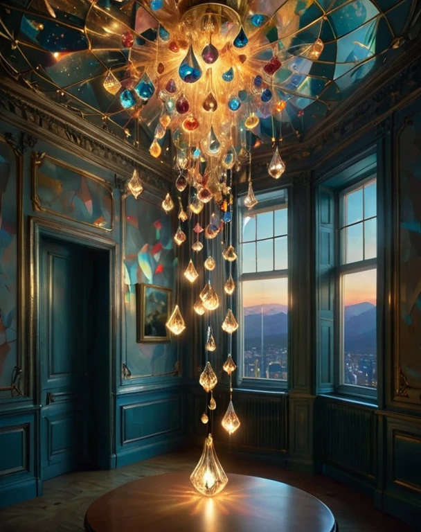 Hanging from ceiling, bioluminescent, fabulous, magical radiance, Concept art, depth of field, realistic, cinematic lighting, soft shadows, asymmetrical fractal, colorful, vivid colors, volumetric lighting, wind, particles, designed by beksinski, james jean, loish, artgerm, rutkowsk, moebius, francis bacon and gustav klimt, ral-crztlgls of a (Matches:1.2) ,  chandelier with falling golden diamonds and crystals. 