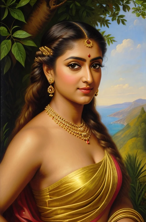 Looks like Nayanthara, exotic Indian art, oviyar maruthi style painting, Masterpiece, Beautiful Thick Woman, Best quality, high clarity eyes, critically flawless,sharp picture, Full portrait, High pixels, perfect face, perfect eyes, beautiful face, perfect hands,perfect fingers, in Peter Paul Rubens style, by Peter Paul Rubens, baroque style, acrylic on canvas, highly detailed, description: "Create a nymph inspired by the tales of Greek or Roman mythology, embodying the essence of a natural element or location, and possessing a unique ability or trait that sets her apart."
