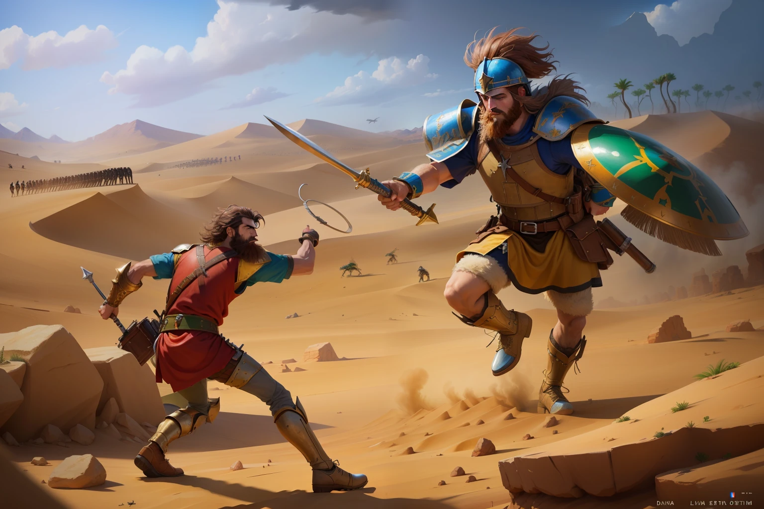 uma pintura de dois homens em armadura lutando em um deserto, Davi e Golias, Pintura de Golias, liderando uma batalha, levando espartanos para a batalha, epic battlescene, award - winning epic painting, epic biblical representation, guerreiro persa, age of empires, detailed game art illustration, epic battle scene, Directed by: Juan O'Gorman, Mito grego pintura digital, bible illustration