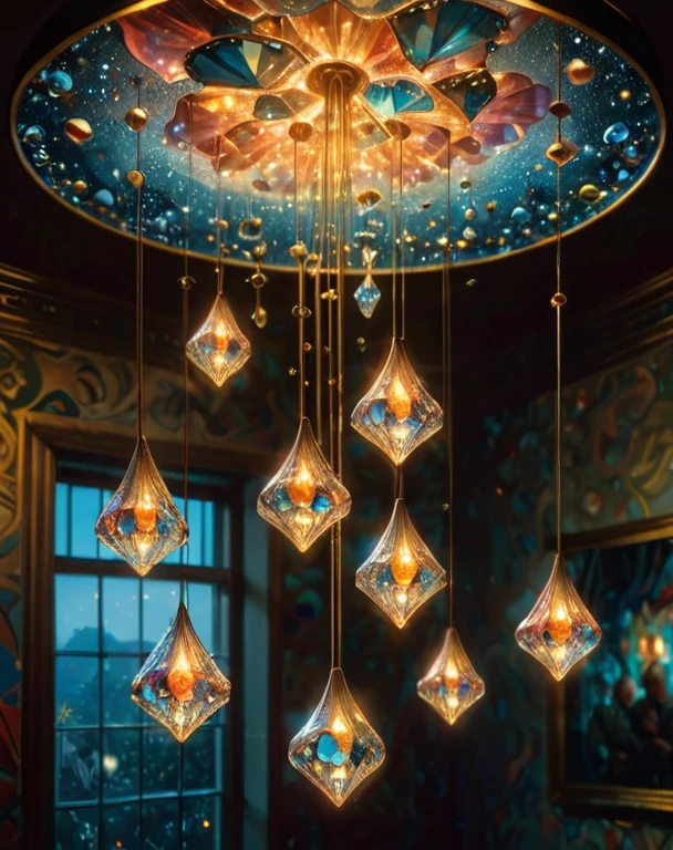Hanging from ceiling, bioluminescent, fabulous, magical radiance, Concept art, depth of field, realistic, cinematic lighting, soft shadows, asymmetrical fractal, colorful, vivid colors, volumetric lighting, wind, particles, designed by beksinski, james jean, loish, artgerm, rutkowsk, moebius, francis bacon and gustav klimt, ral-crztlgls of a (Matches:1.2) , chandelier with falling golden diamonds and crystals.