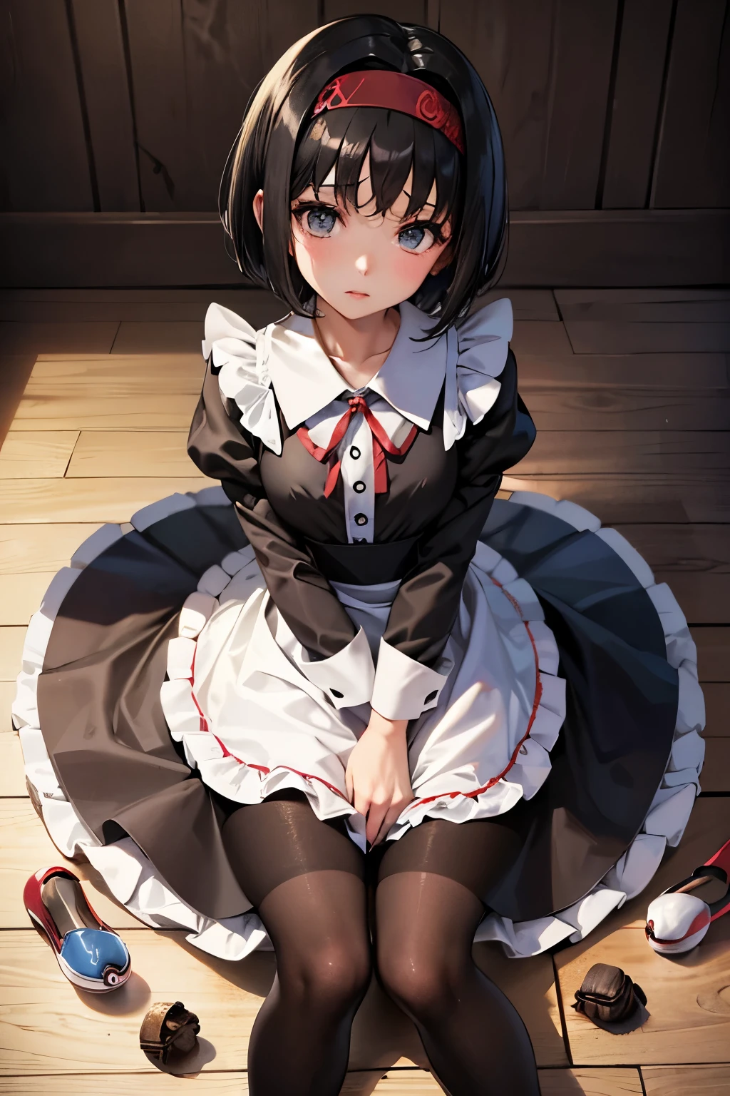 Erica、Pokémon、Black Hair、Short Hair、((pantyhose))、Photo from below、Medium chest、Bedroom、One girl、Headband、Red ribbon on head、((Maid clotheini skirt)、(Poop sitting)