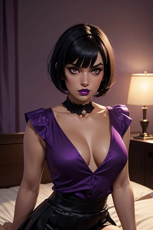 Eliza From Tekken, short black hair with bangs past her shoulders, short hair at the back of her head, sexy look, soft gothic makeup on her eyes, purple lipstick, casual blouse with a low neckline, short skirt, sensual pose, in the bedroom with soft lighting in the room