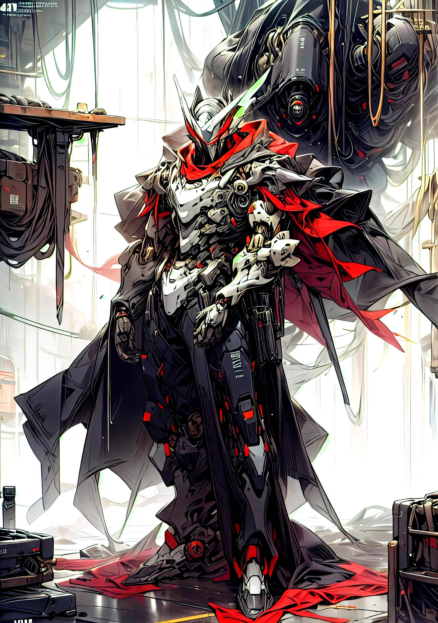 dark_fantasy, Cyberpunk, (Black Red: 1.1), 1 person, Mechanical wonder, exist, whole body, Armor suit, shawl, ((Black coat)), Glowing eyes, Mecha long skirt,( Reasonable design, clear lines, High Definition,best quality, Very detailed, On the table, Lighting Effects, 4k )、Complete body，Mecha Exterior，Killer、assassin女仆、Knife、Headdress、Standing picture、Cool look、assassin