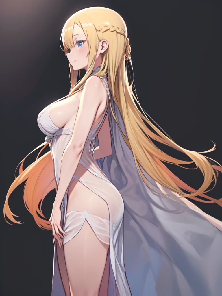 masterpiece、highest quality、High resolution、Very detailed、Medium wide shot、(A woman with long blonde hair and big breasts)、Angle from the side、profile、Smiling、Are standing、Hands at your side、Simple Background、negligee、
