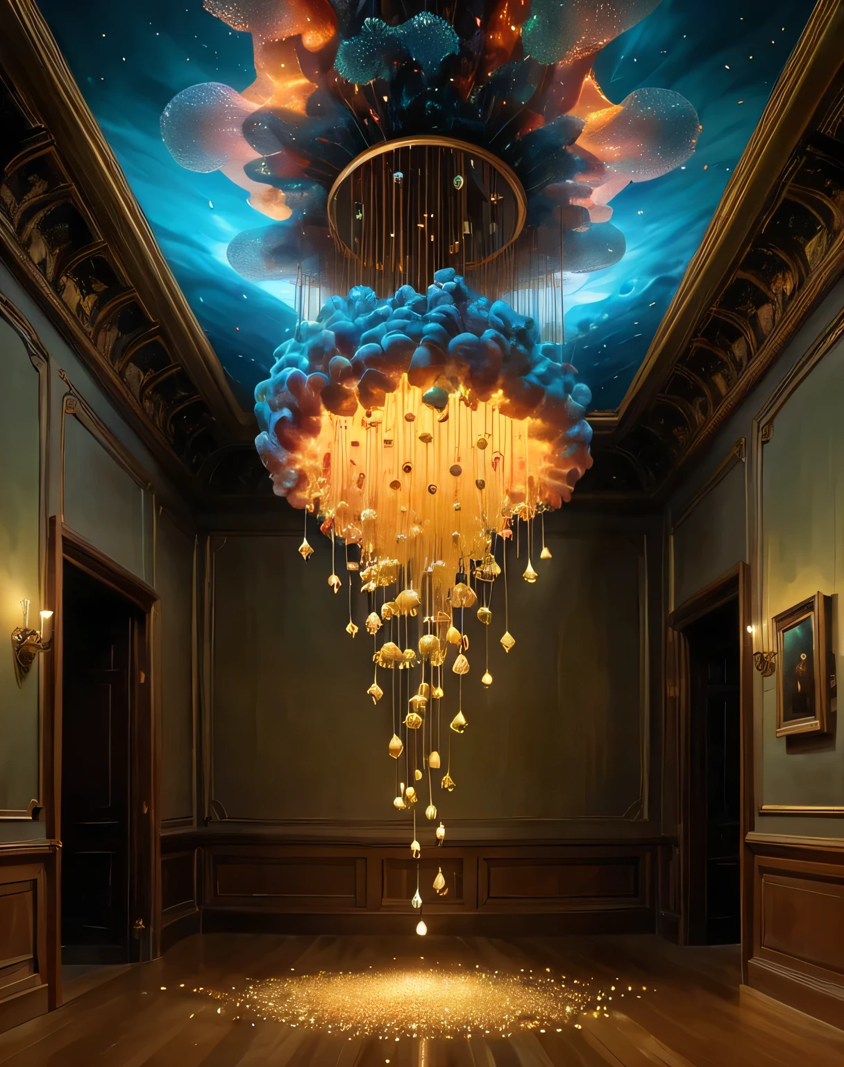 Hanging from ceiling, bioluminescent, fabulous, magical radiance, Concept art, depth of field, realistic, cinematic lighting, soft shadows, asymmetrical fractal, colorful, vivid colors, volumetric lighting, wind, particles, designed by beksinski, james jean, loish, artgerm, rutkowsk, moebius, francis bacon and gustav klimt, ral-crztlgls of a (Matches:1.2) , chandelier with falling golden diamonds and crystals.