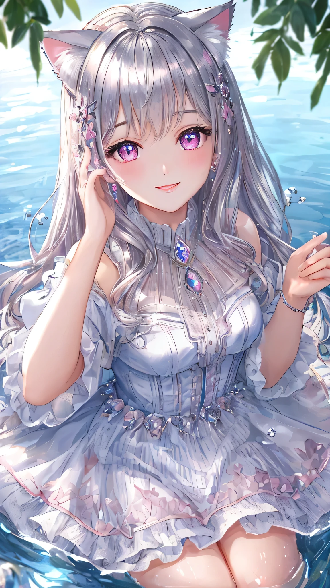 masterpiece,highest quality,Highly detailed face, water effects、Light effects、Feather effect,Sparkling eyes,Highlighted eyes, medium breasts,pretty girl,smile,Cat ear,Beautiful silver hair,Pink inside,Beautiful pink eyes