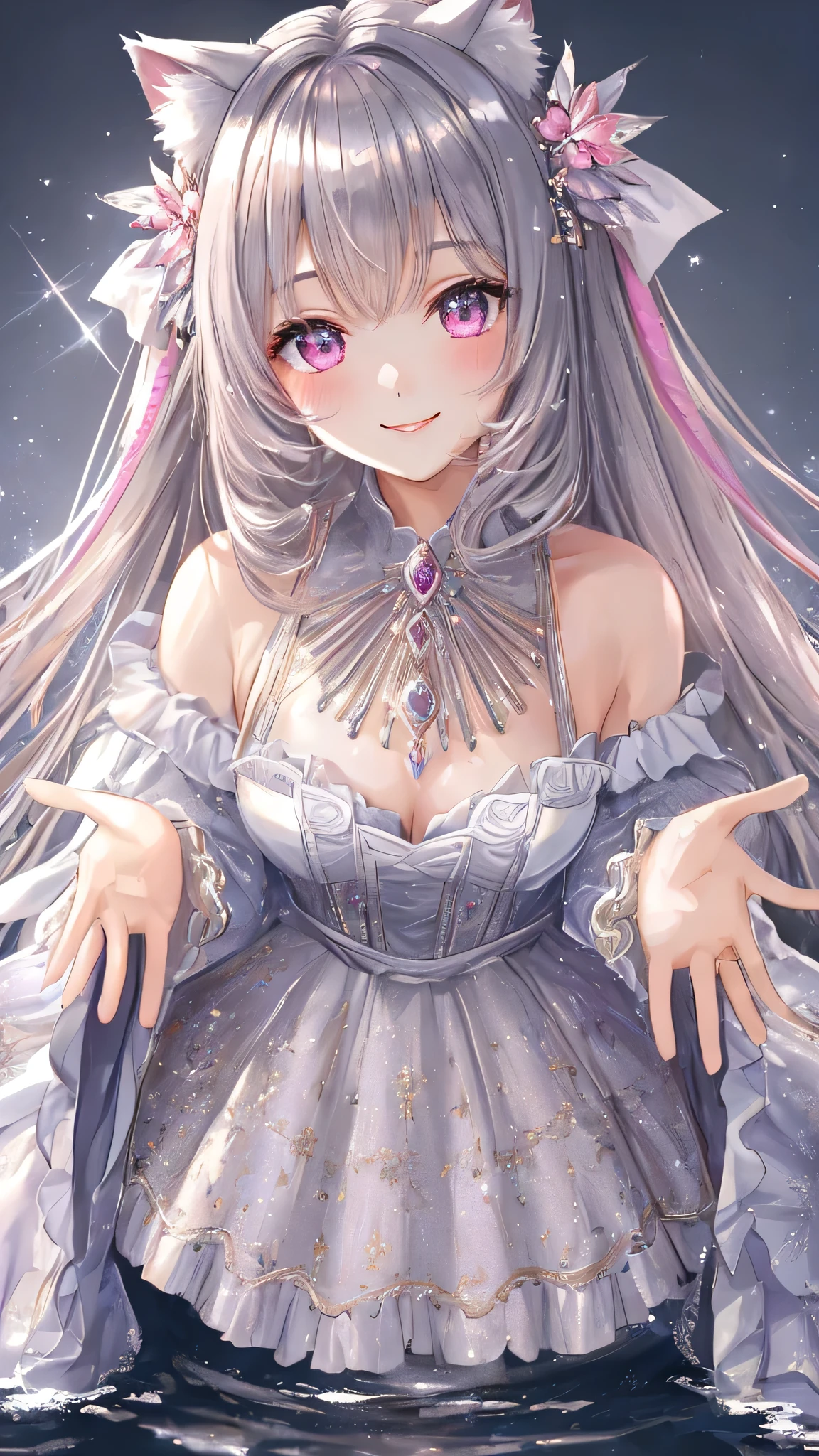 masterpiece,highest quality,Highly detailed face, water effects、Light effects、Feather effect,Sparkling eyes,Highlighted eyes, medium breasts,pretty girl,smile,Cat ear,Beautiful silver hair,Pink inside,Beautiful pink eyes