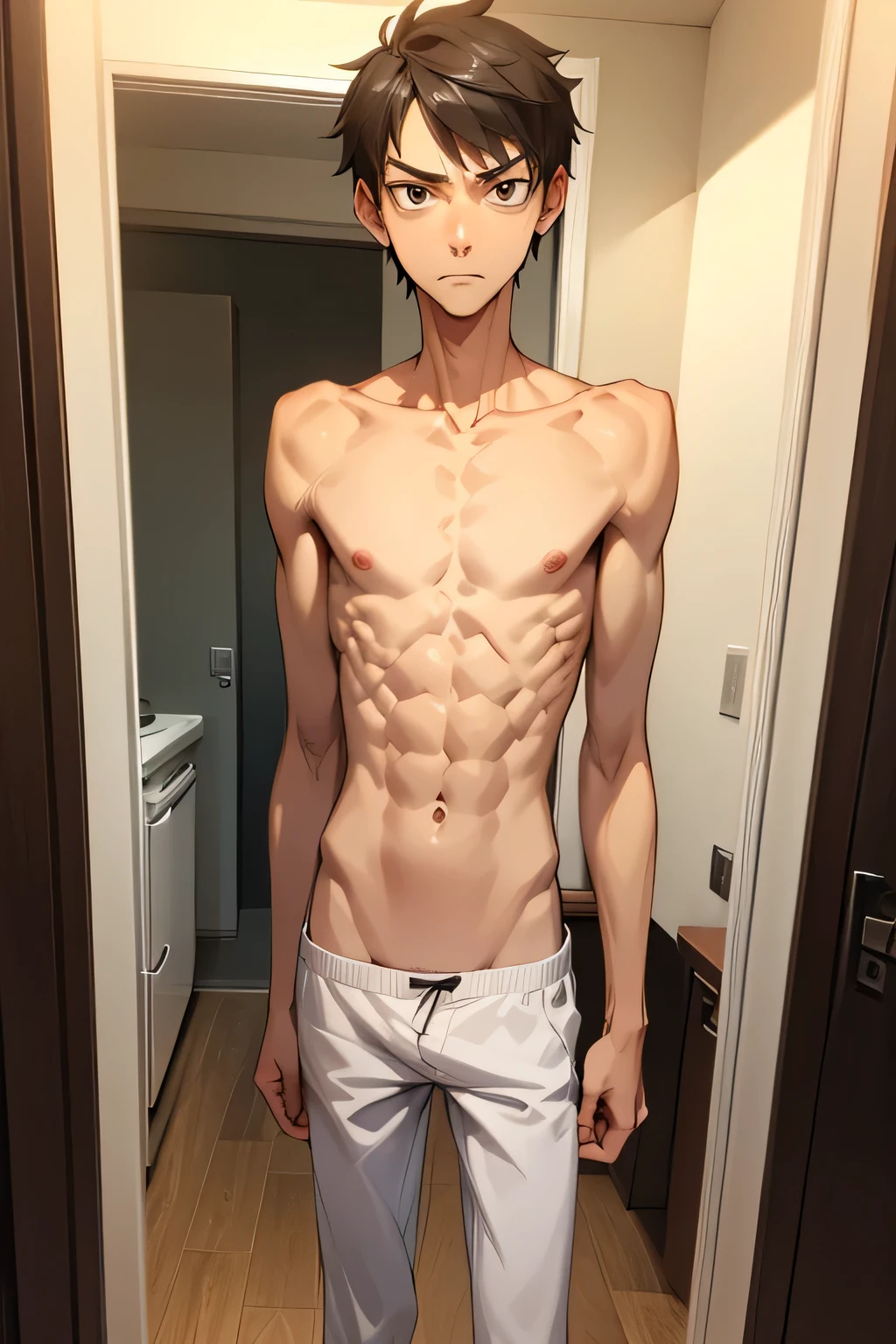 A skinny man with a sad face analyzing his physique in the mirror.