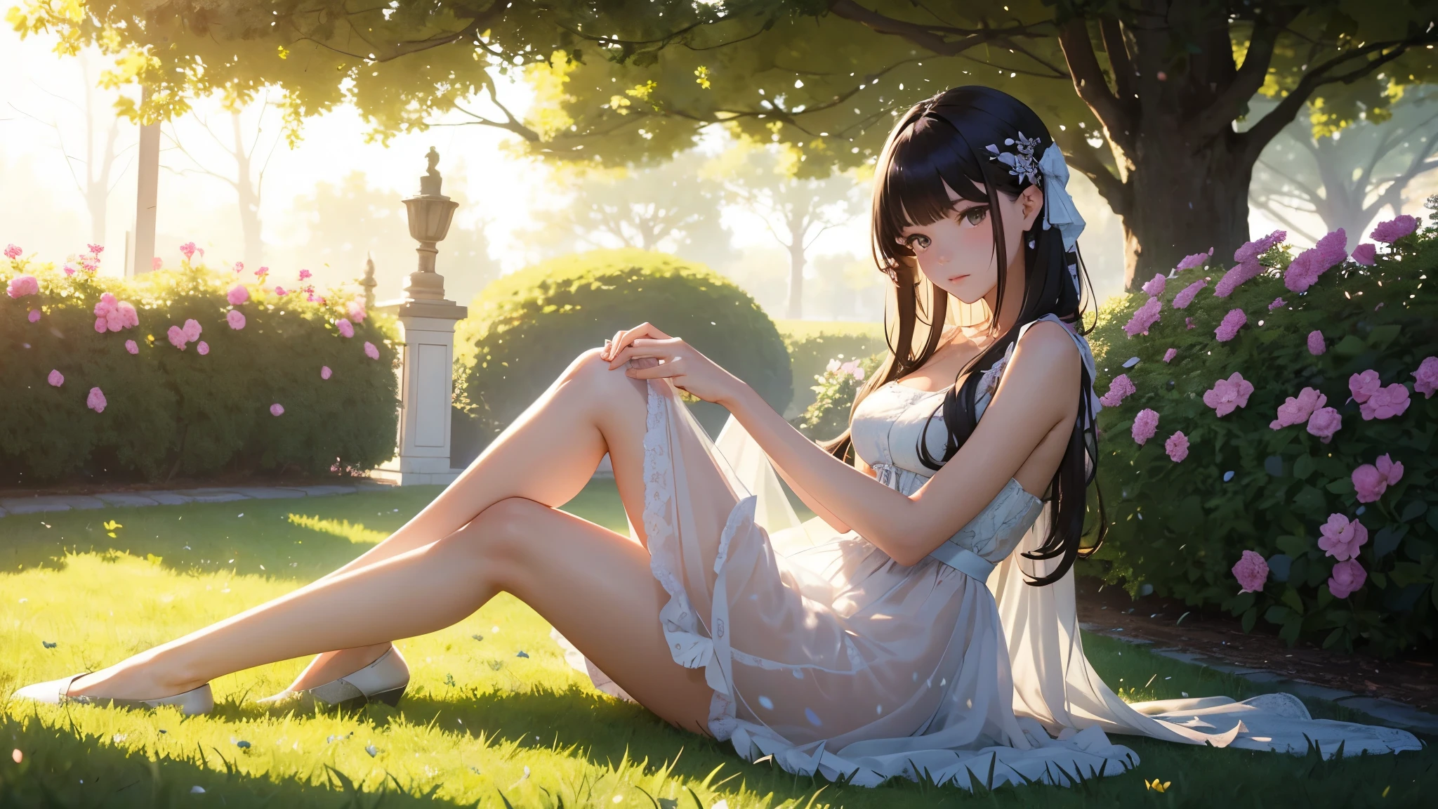 In the heart of a quiet and calm setting, bathed in melancholic lighting, sits a 18-year-old girl, masterpiece of best quality, with every detail meticulously crafted. The ultra-photorealistic image portrays a JinxLol character (1.2), her realistic skin glowing in the muted light. Her slender figure lies on the lush grass, surrounded by the beauty of a garden in full bloom. Tree shadows dance around her, and the gentle wind causes her tulle skirt to flutter gracefully.
Her long legs are slightly parted, revealing a hint of her delicate skin, and the charm of her blush-kiss