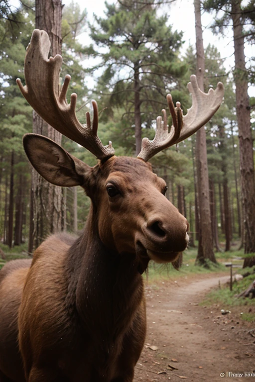 ((best quality)), cartoon, moose in forest, symmetric antlers