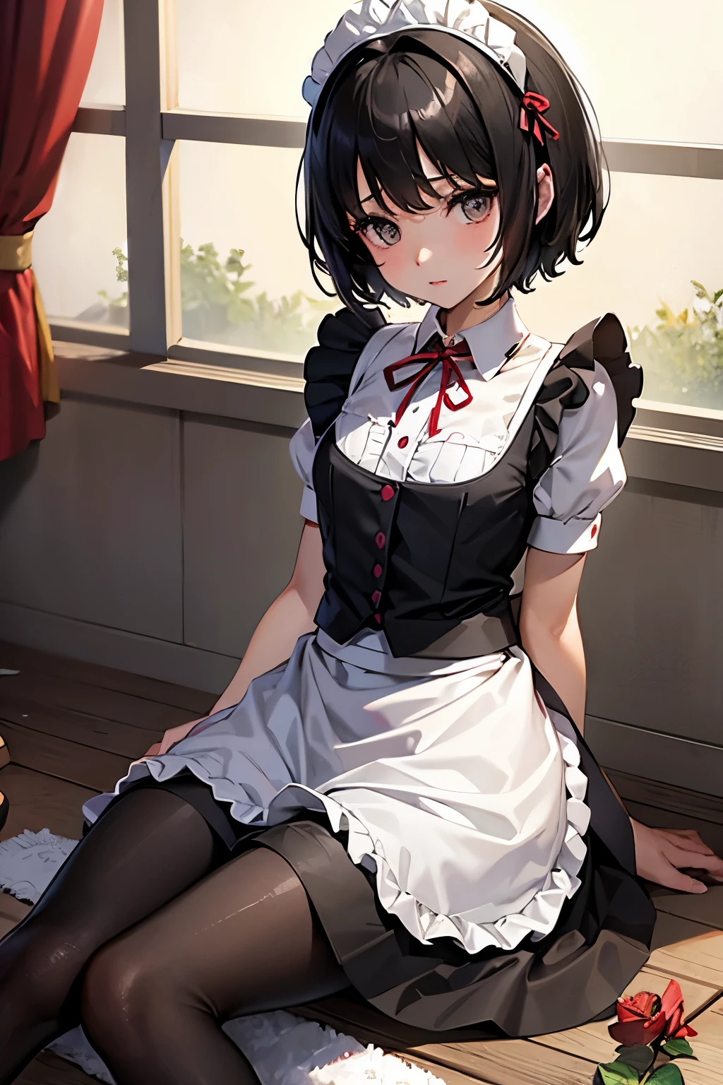 Erica、Pokémon、Black Hair、Short Hair、((pantyhose))、Photo from below、Medium chest、Bedroom、One girl、Headband、Red ribbon on head、((Maid clotheini skirt)、(Poop sitting)