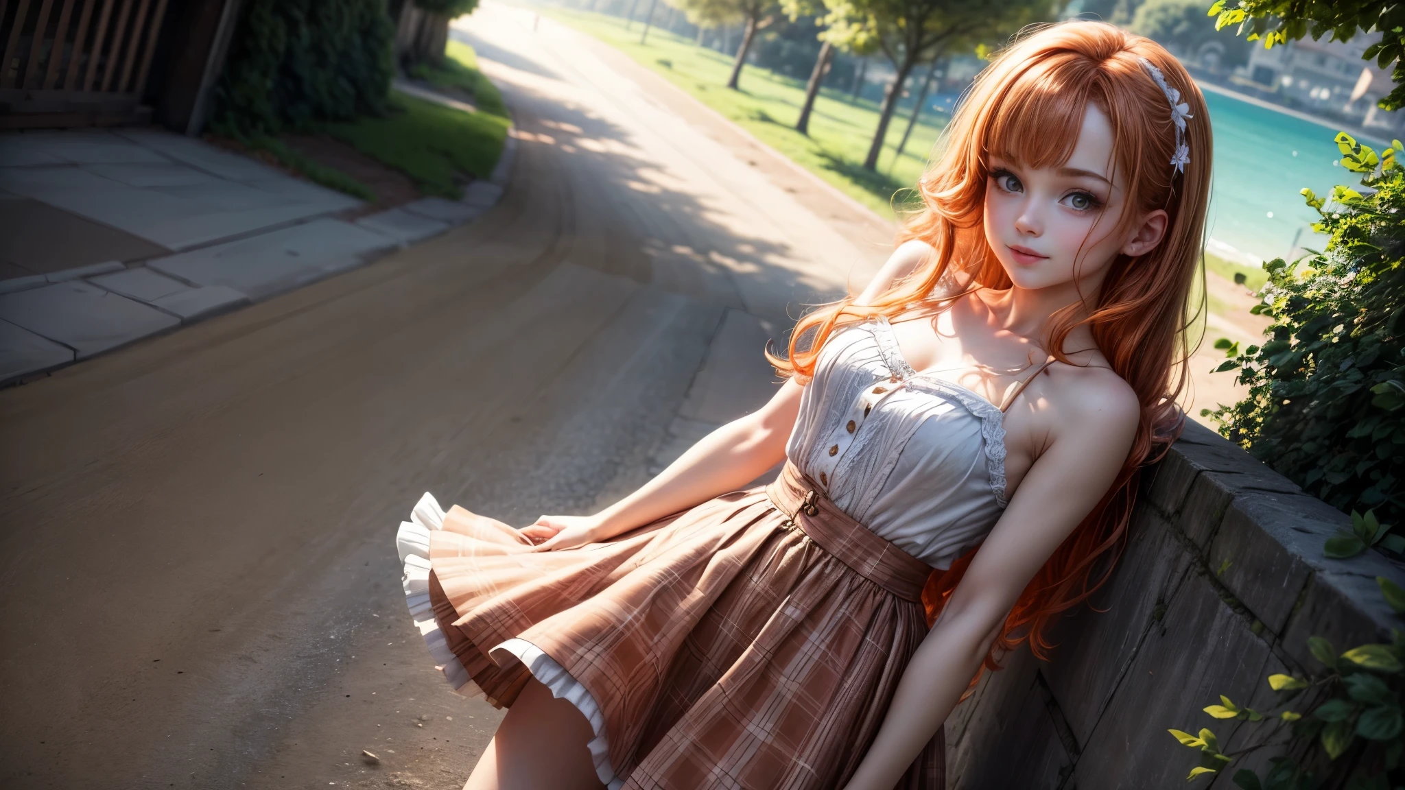 8k, masterpiece, ta, ginger hair, ginger eyebrows, she's looking at you, bare shoulders, delicate legs, plated skirt, looking at the viewer, Looks straight into your eyes, her gaze is directed at you, Sunlit, Frolicking happily, small smile, colorful Dress with skirt, Frickles, forrest on a windy day, sunlit day, flirting cousin