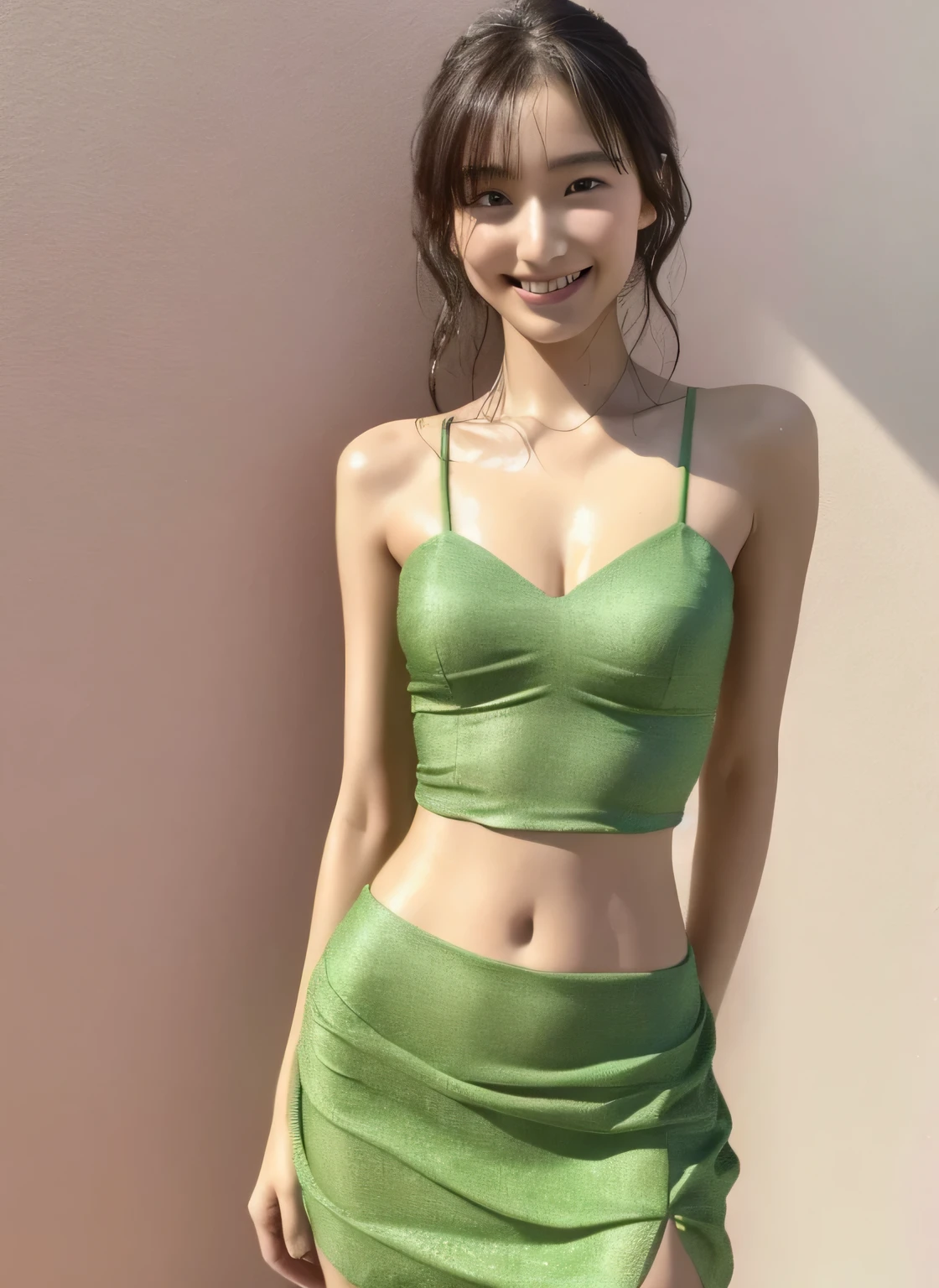 ((Ultra-high resolution)),8K,、Small breasts, , Natural medium hair, Green bandeau dress、Small cleavage 2:1,Idol Sculpture, Wet, smile、Pink wall、sexy、slender、Shapely small breasts、
