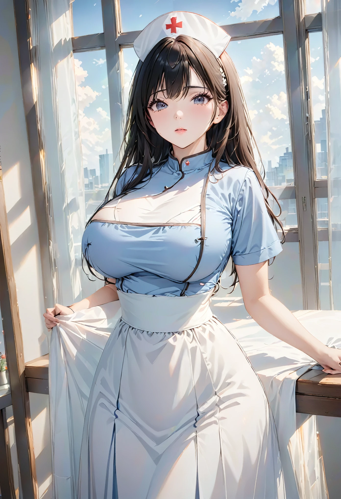 best quality, masterpiece, Ultra-high resolution, (Reality: 1.4), original photo, 1 Girl, Dress conservatively, Nurse uniform, light, Large Breasts, Cover chest