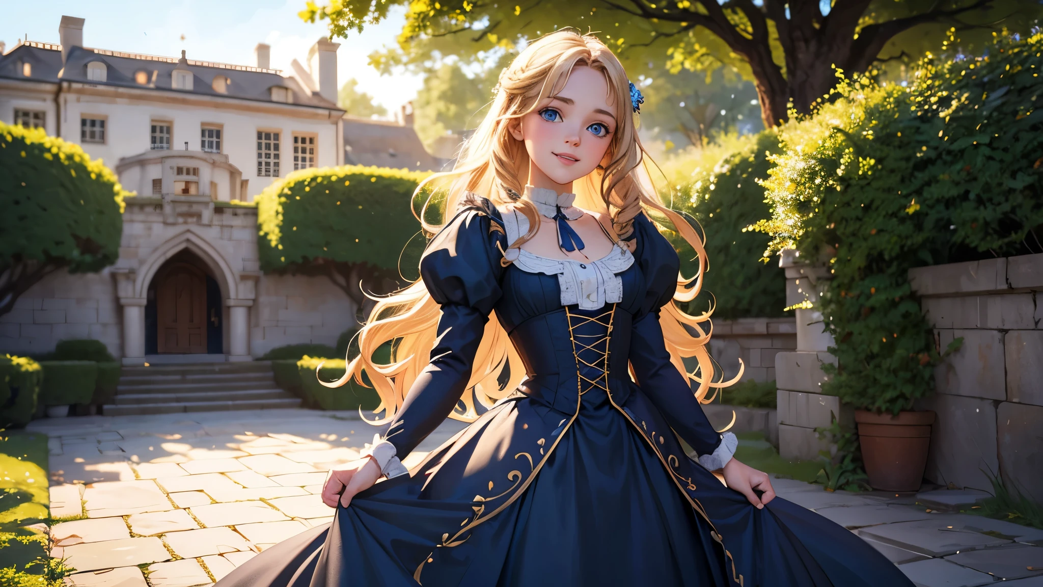 Highly detailed RAW color photo, 15 years old Virginia Otis in a victorian sexy dress, pixar style, in the style of bright 3D objects, She has a cartoon smile, tanned skin and rosy cheeks, a social contest winning photograph, dress, IImagine fifteen-year-old Virginia Otis, a blonde woman with blue eyes, standing near a majestic ancient oak tree. Surrounded by the serenity of nature, blue eyes, -long blonde hair, dorne, very very curly blonde hair, corridors of a castle vibes, iridescence/opalescence, glitter, highly detailed photorealistic, 16k --expressive style - -niji 5 (MATRIX ) incredible, realistic shadows, (highly detailed background plan: 1.2), artistic photo